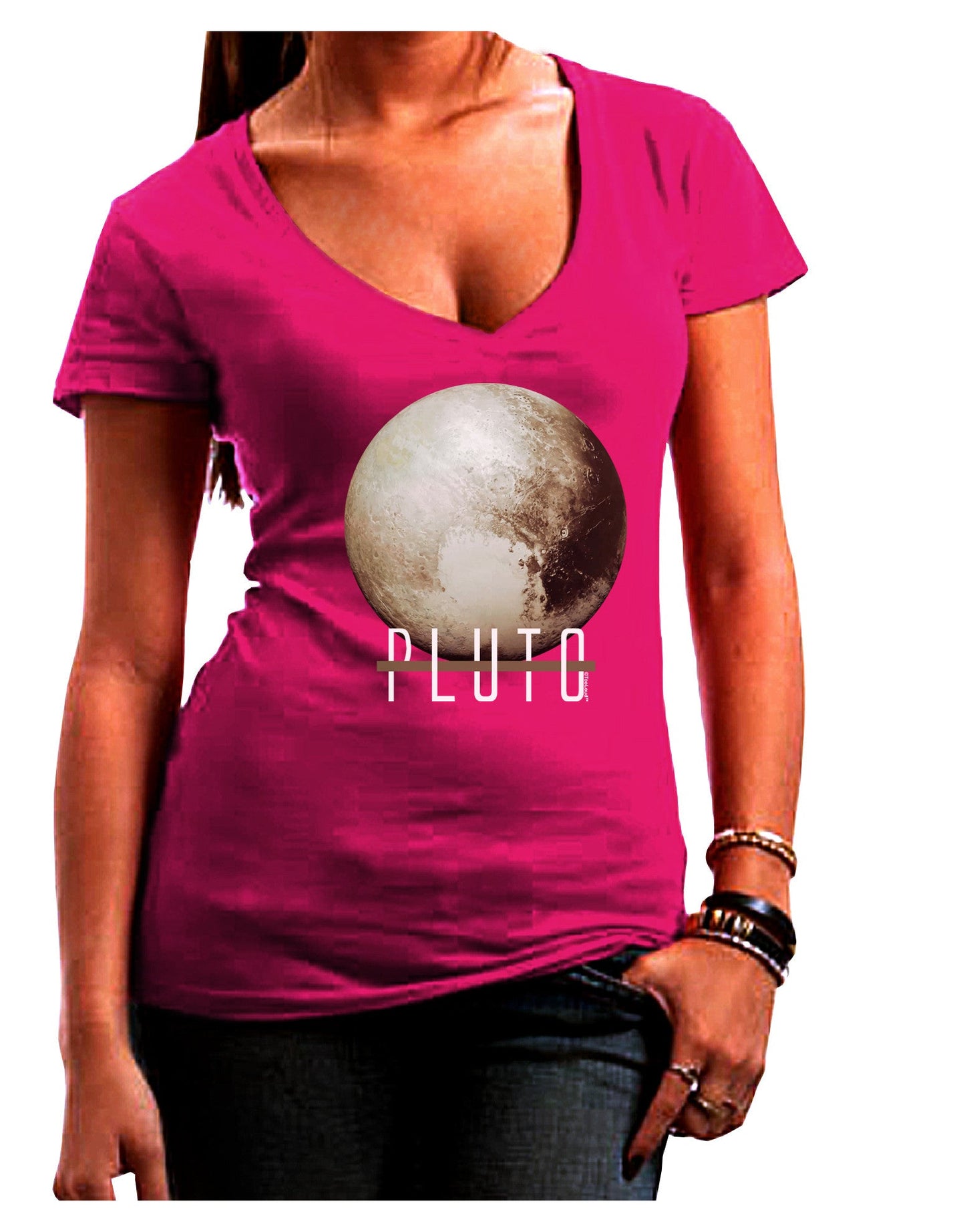 Planet Pluto Text Dark Womens V-Neck Dark T-Shirt-Womens V-Neck T-Shirts-TooLoud-Hot-Pink-Juniors Fitted Small-Davson Sales