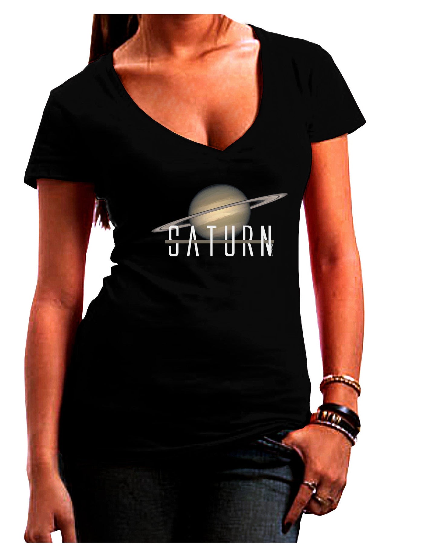 Planet Saturn Text Womens V-Neck Dark T-Shirt-Womens V-Neck T-Shirts-TooLoud-Black-Juniors Fitted Small-Davson Sales
