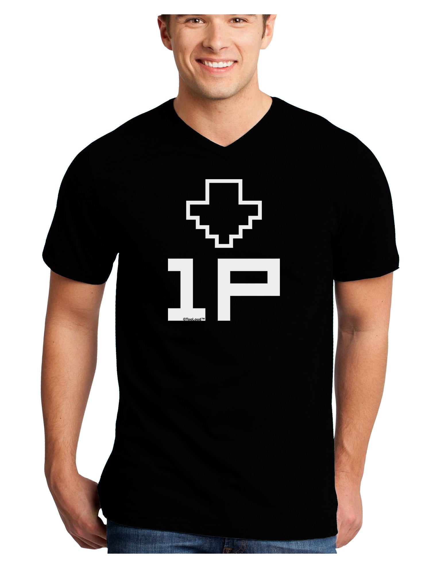 Player One Couples Design Adult Dark V-Neck T-Shirt-TooLoud-Black-Small-Davson Sales