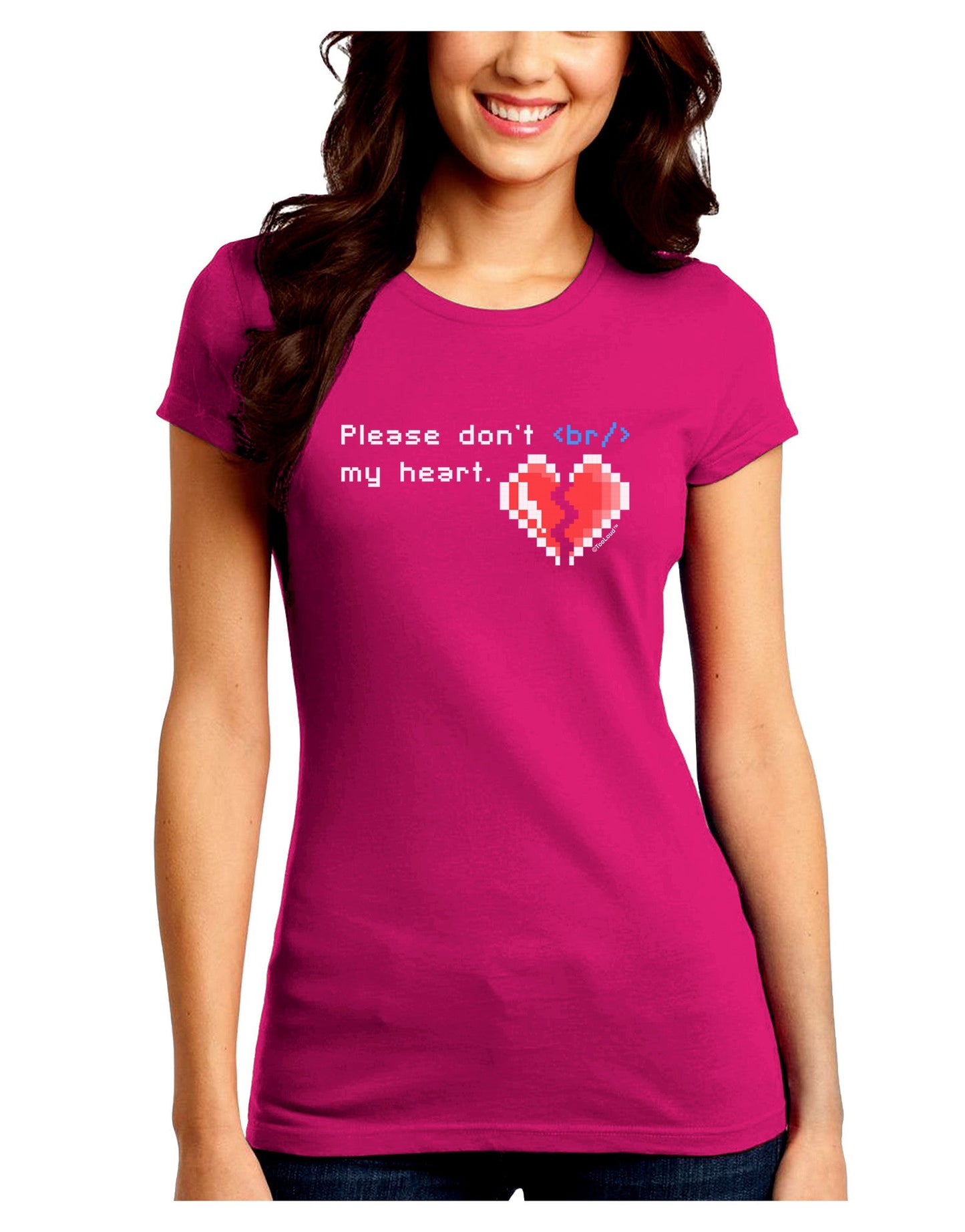 Please Don't Break My Heart Code Juniors Petite Crew Dark T-Shirt-T-Shirts Juniors Tops-TooLoud-Hot-Pink-Juniors Fitted Small-Davson Sales