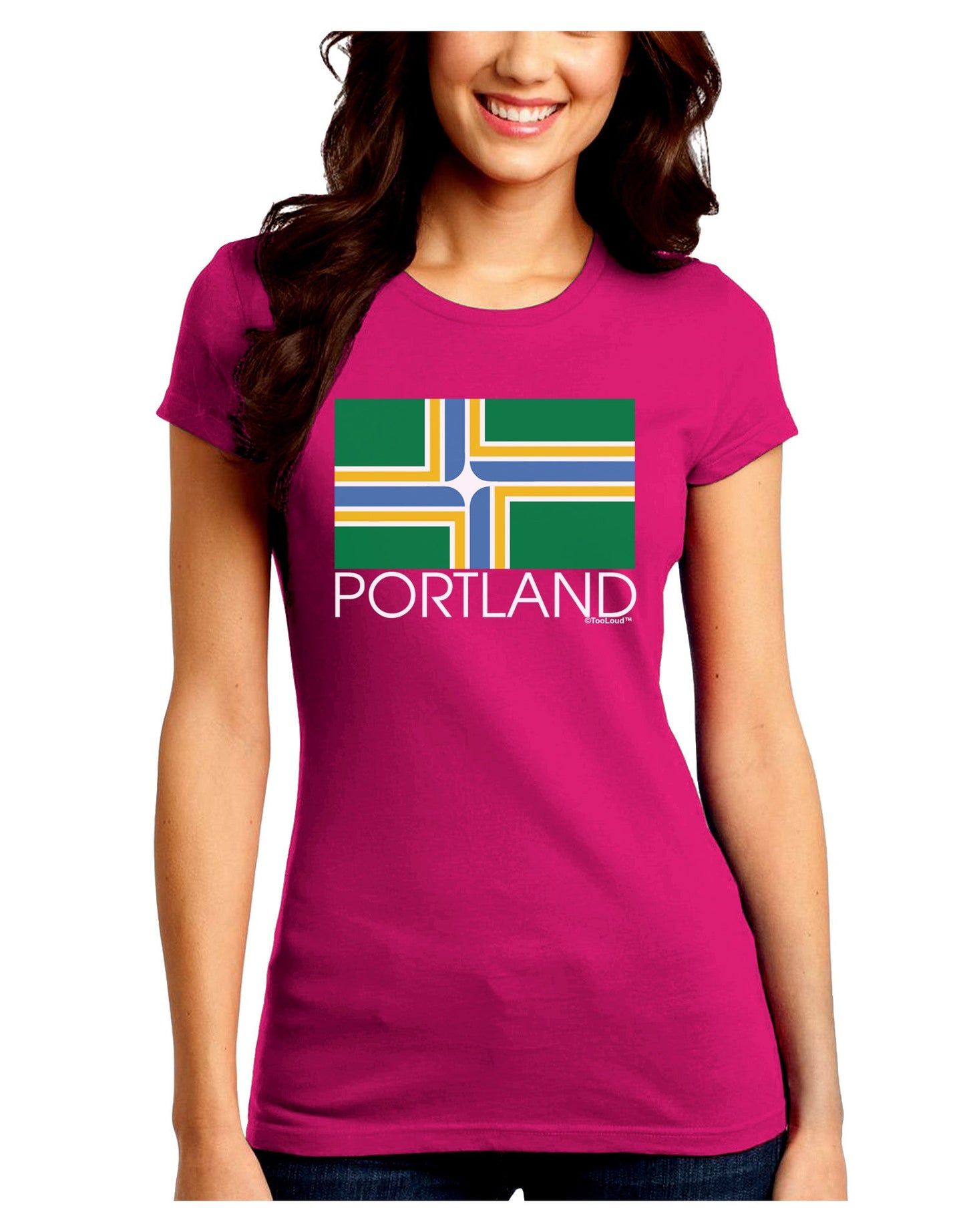 Portland Oregon Flag Text Juniors Petite Crew Dark T-Shirt-T-Shirts Juniors Tops-TooLoud-Hot-Pink-Juniors Fitted Small-Davson Sales