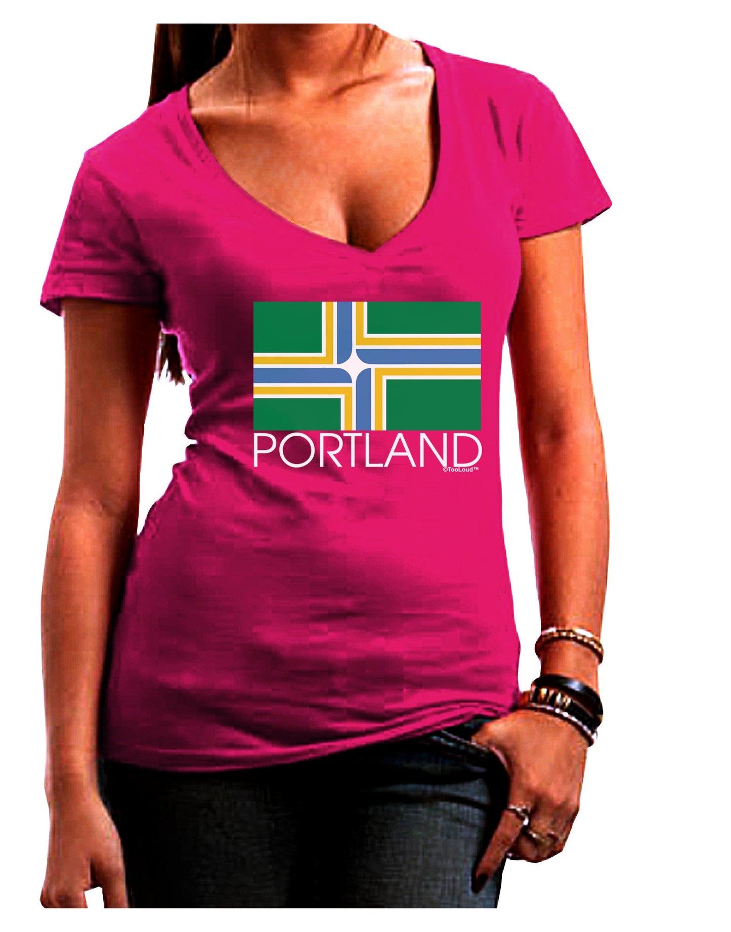 Portland Oregon Flag Text Womens V-Neck Dark T-Shirt-Womens V-Neck T-Shirts-TooLoud-Hot-Pink-Juniors Fitted Small-Davson Sales
