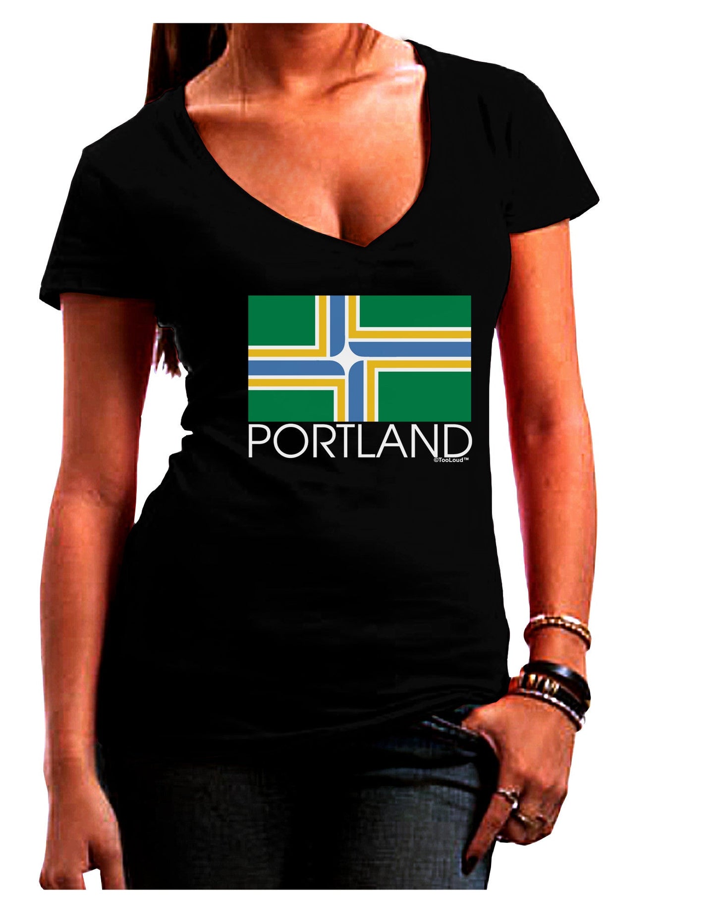 Portland Oregon Flag Text Womens V-Neck Dark T-Shirt-Womens V-Neck T-Shirts-TooLoud-Black-Juniors Fitted Small-Davson Sales