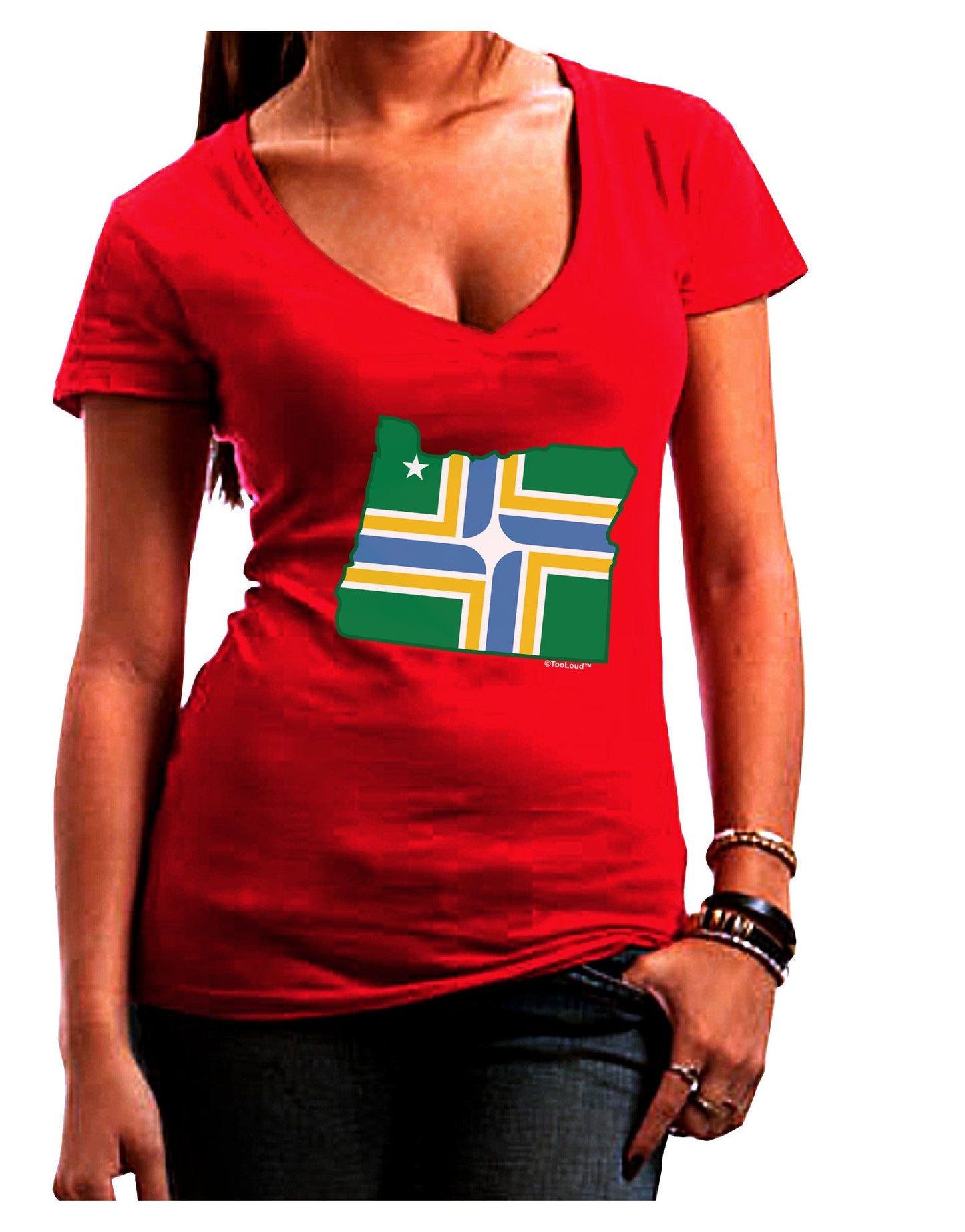 Portland Oregon Flag Womens V-Neck Dark T-Shirt-Womens V-Neck T-Shirts-TooLoud-Red-Juniors Fitted Small-Davson Sales