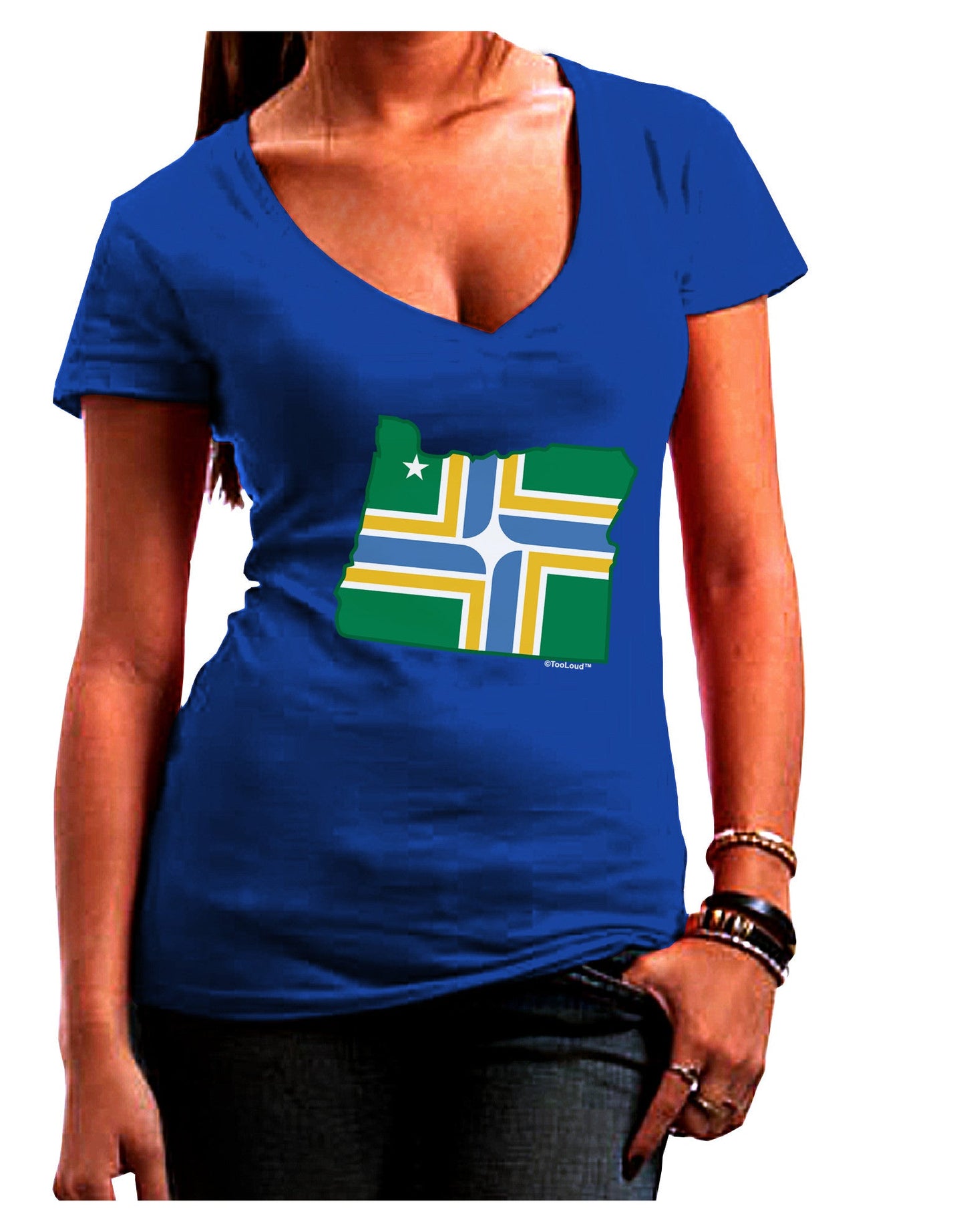 Portland Oregon Flag Womens V-Neck Dark T-Shirt-Womens V-Neck T-Shirts-TooLoud-Royal-Blue-Juniors Fitted Small-Davson Sales