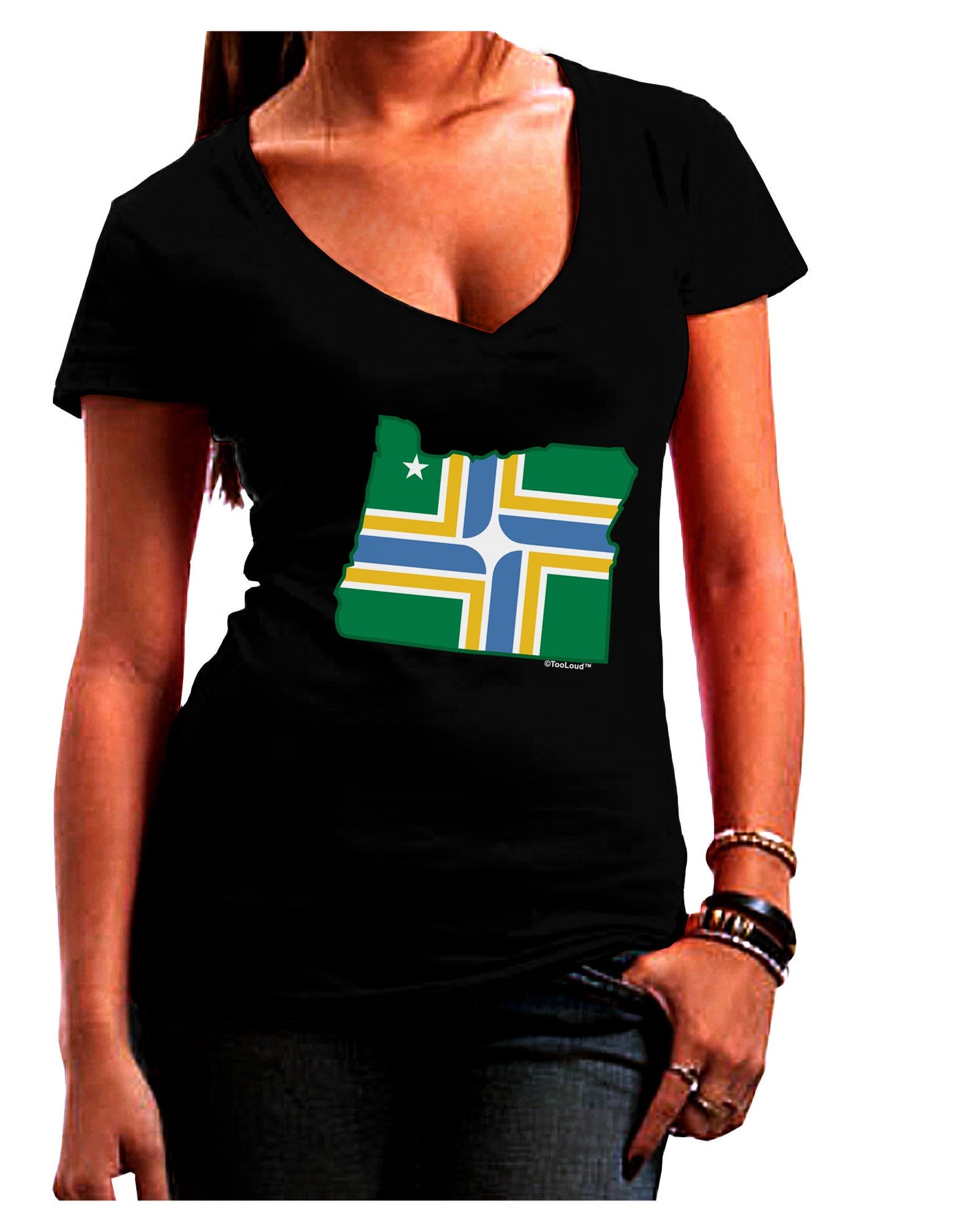 Portland Oregon Flag Womens V-Neck Dark T-Shirt-Womens V-Neck T-Shirts-TooLoud-Black-Juniors Fitted Small-Davson Sales