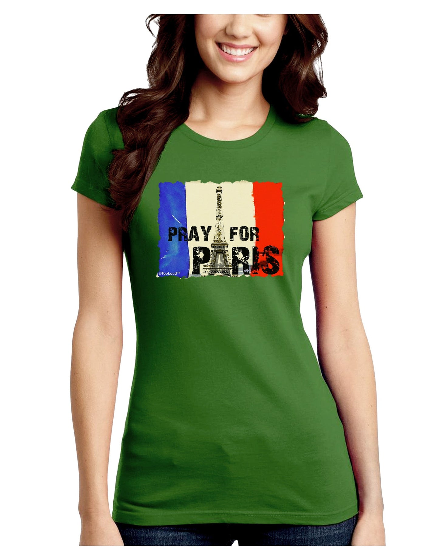 Pray For Paris Watercolor Juniors Petite Crew Dark T-Shirt-T-Shirts Juniors Tops-TooLoud-Kiwi-Green-Juniors Fitted Small-Davson Sales