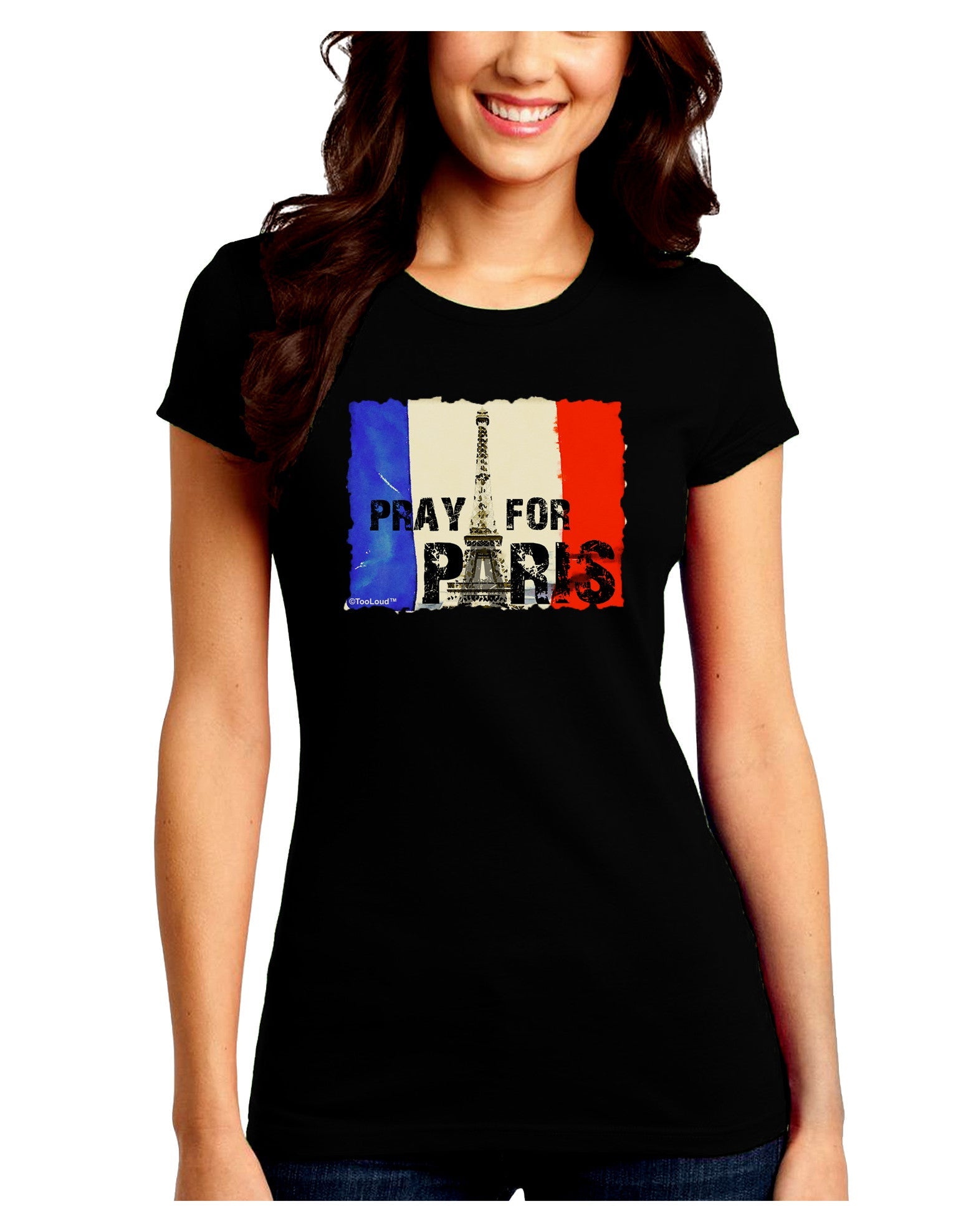 Pray For Paris Watercolor Juniors Petite Crew Dark T-Shirt-T-Shirts Juniors Tops-TooLoud-Black-Juniors Fitted Small-Davson Sales