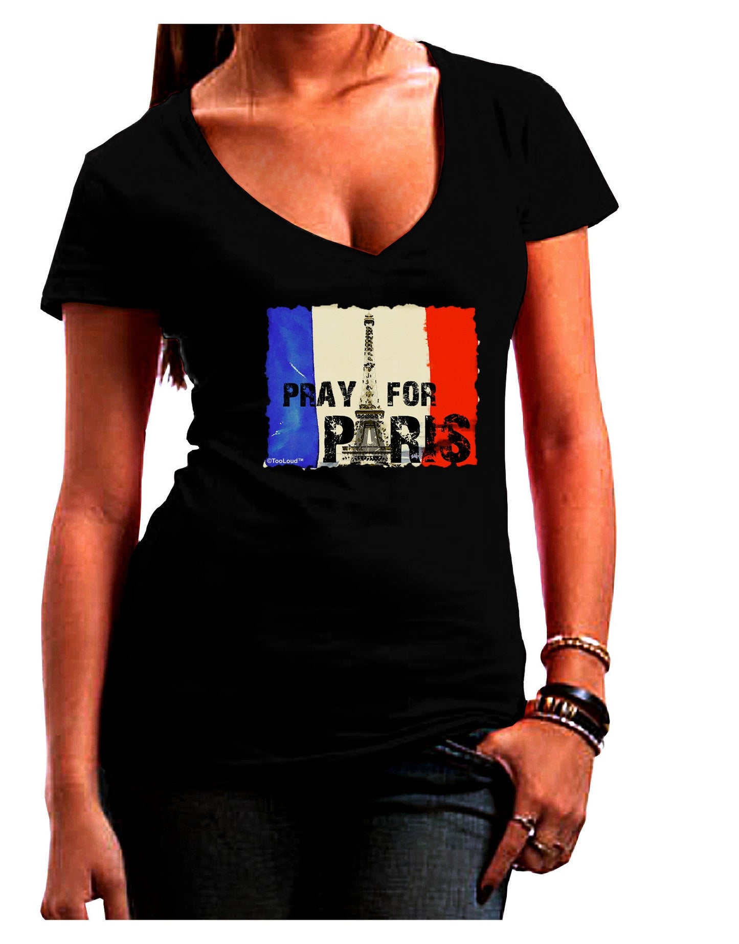 Pray For Paris Watercolor Womens V-Neck Dark T-Shirt-Womens V-Neck T-Shirts-TooLoud-Black-Juniors Fitted Small-Davson Sales
