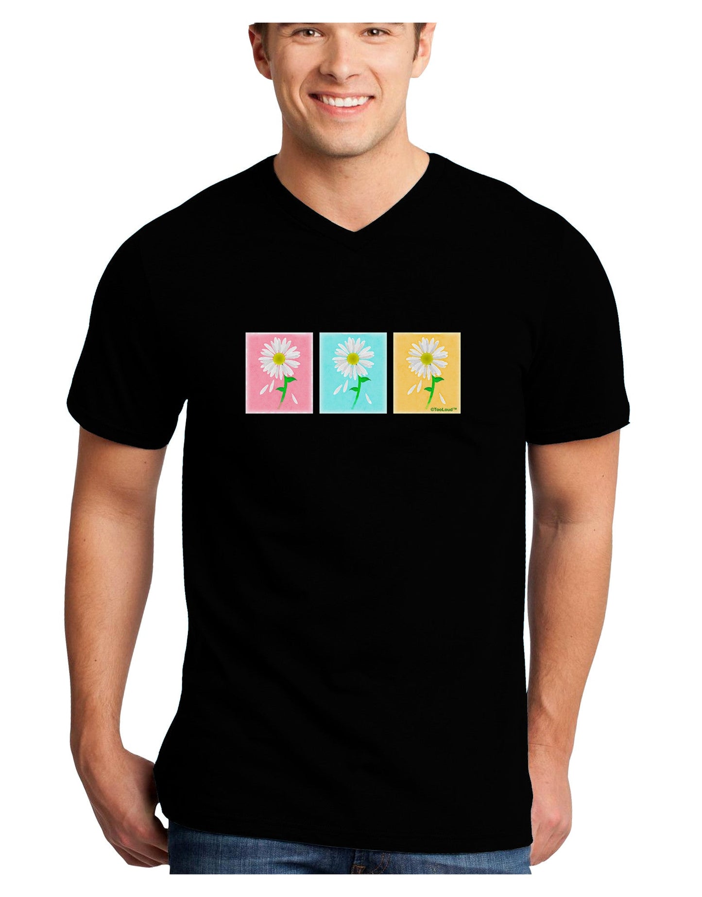 Pretty Daisies Watercolor Adult Dark V-Neck T-Shirt-Mens V-Neck T-Shirt-TooLoud-Black-Small-Davson Sales