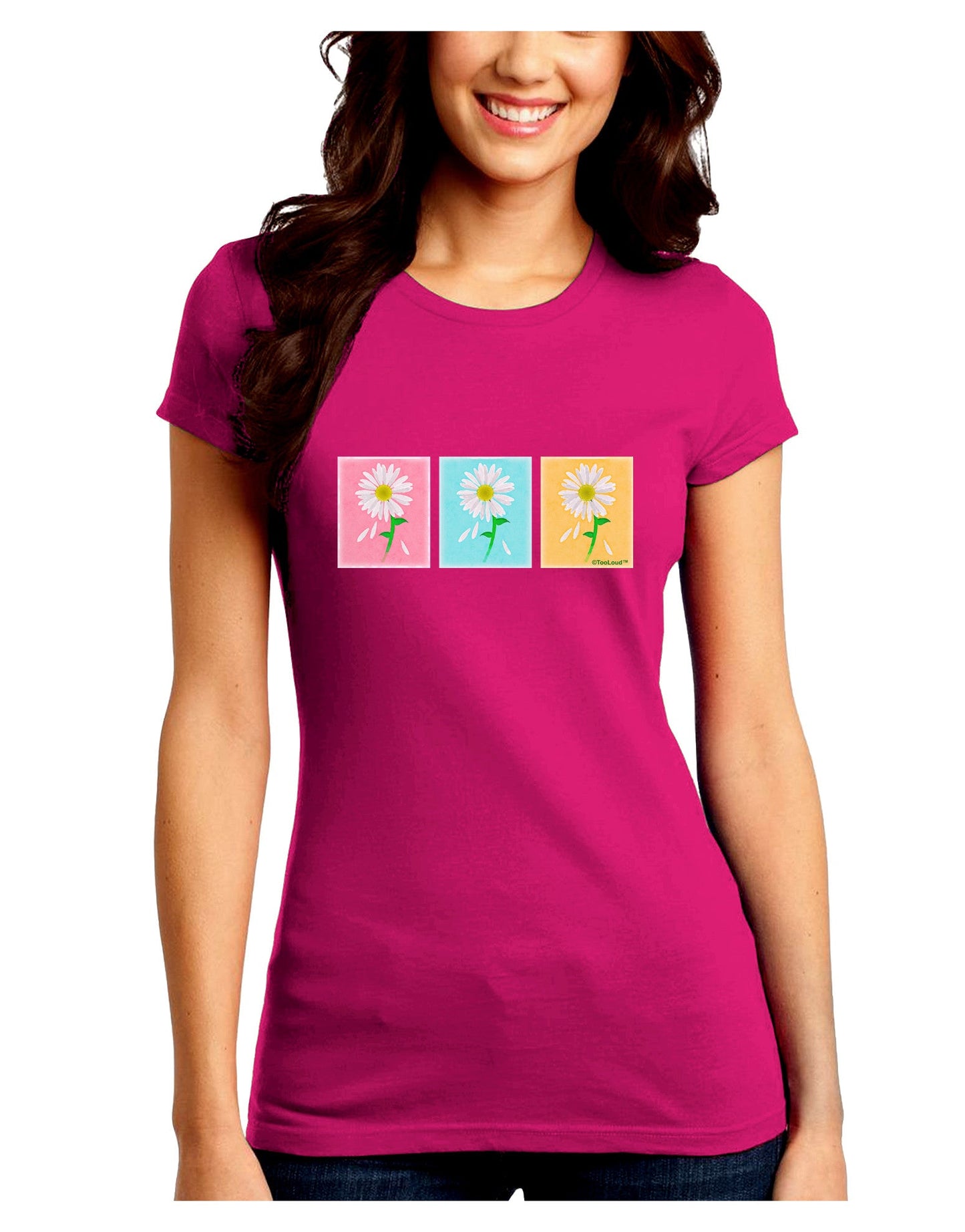 Pretty Daisies Watercolor Juniors Petite Crew Dark T-Shirt-Womens T-Shirt-TooLoud-Hot-Pink-Juniors Fitted Small-Davson Sales