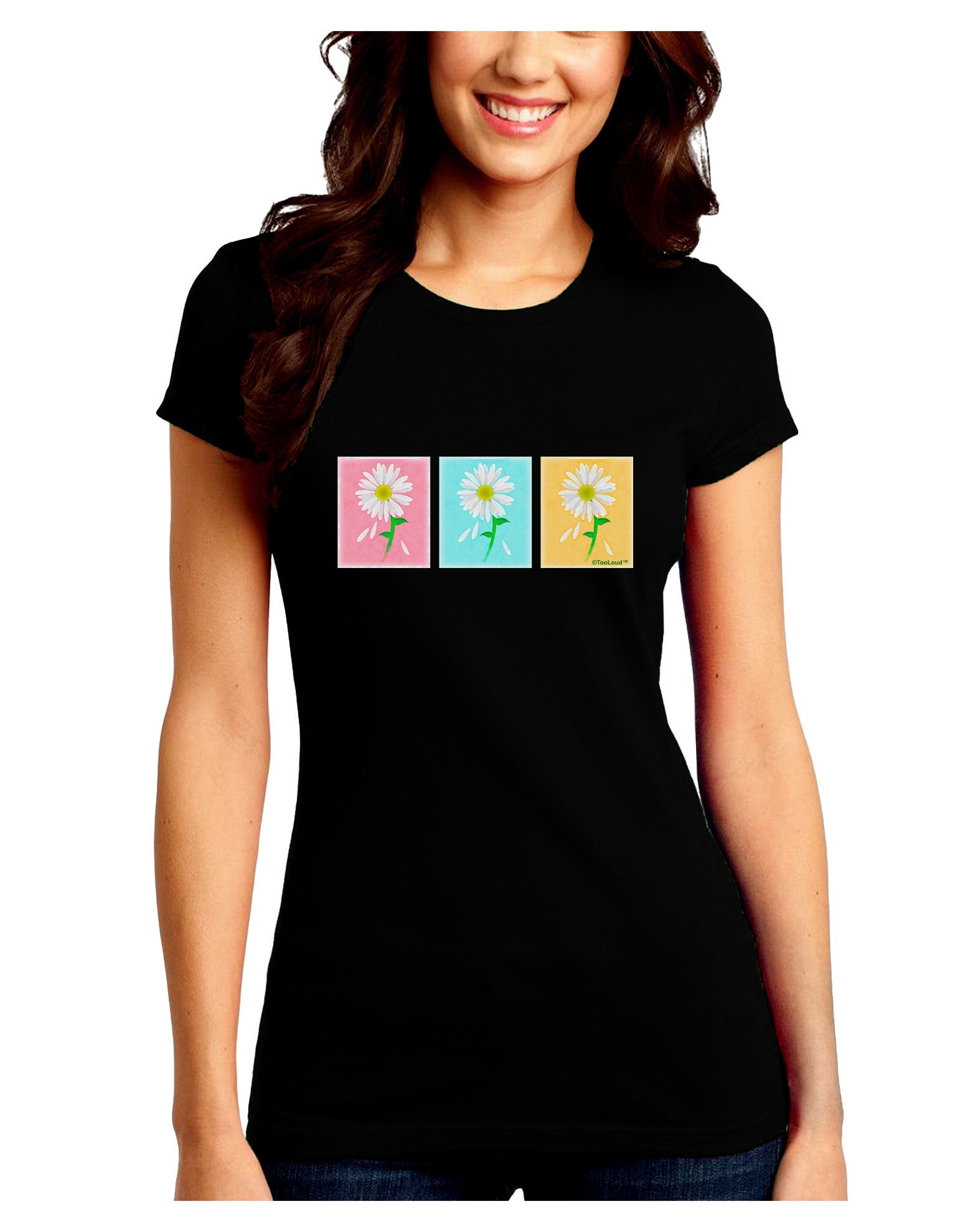 Pretty Daisies Watercolor Juniors Petite Crew Dark T-Shirt-Womens T-Shirt-TooLoud-Black-Juniors Fitted Small-Davson Sales