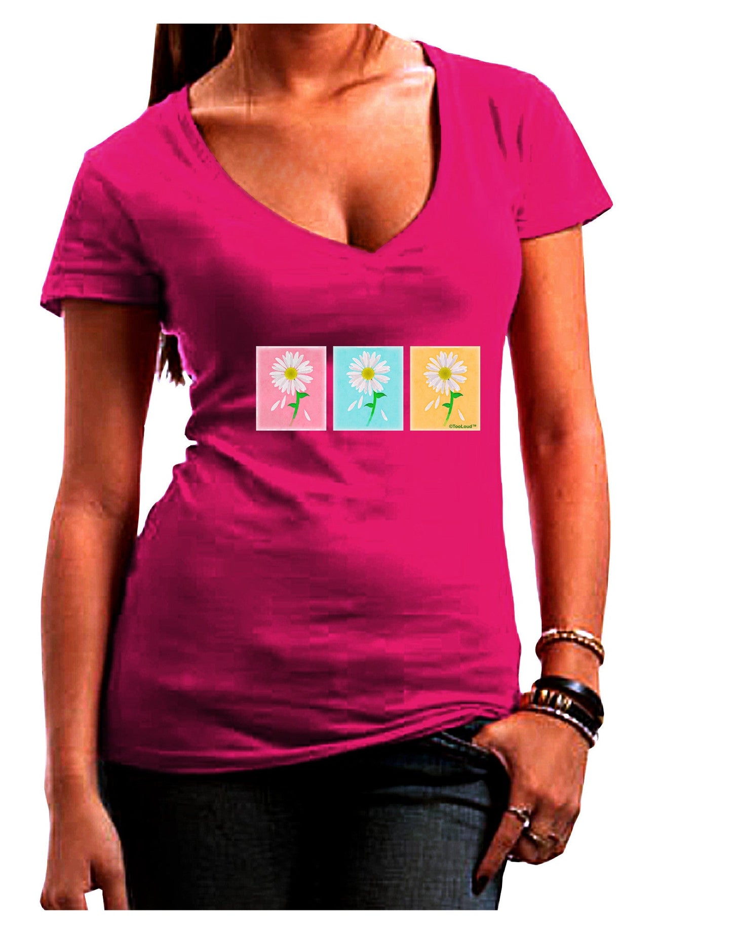 Pretty Daisies Watercolor Womens V-Neck Dark T-Shirt-Womens V-Neck T-Shirts-TooLoud-Hot-Pink-Juniors Fitted Small-Davson Sales