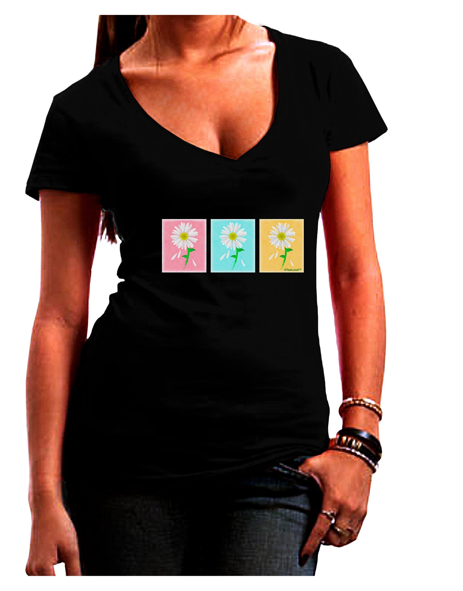 Pretty Daisies Watercolor Womens V-Neck Dark T-Shirt-Womens V-Neck T-Shirts-TooLoud-Black-Juniors Fitted Small-Davson Sales