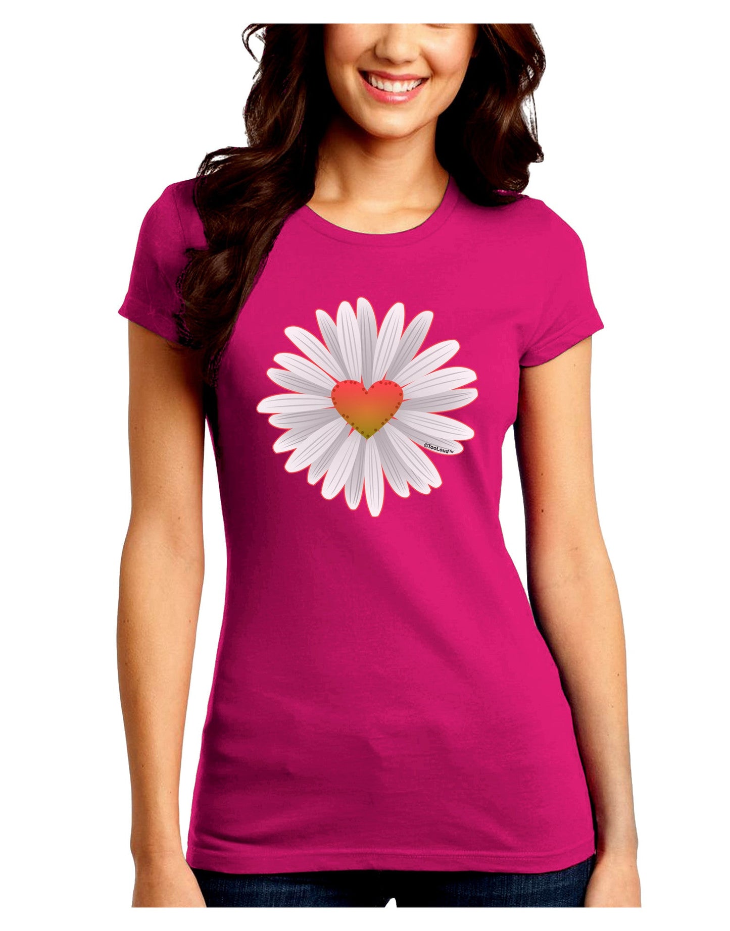 Pretty Daisy Heart Juniors Petite Crew Dark T-Shirt-Womens T-Shirt-TooLoud-Hot-Pink-Juniors Fitted Small-Davson Sales