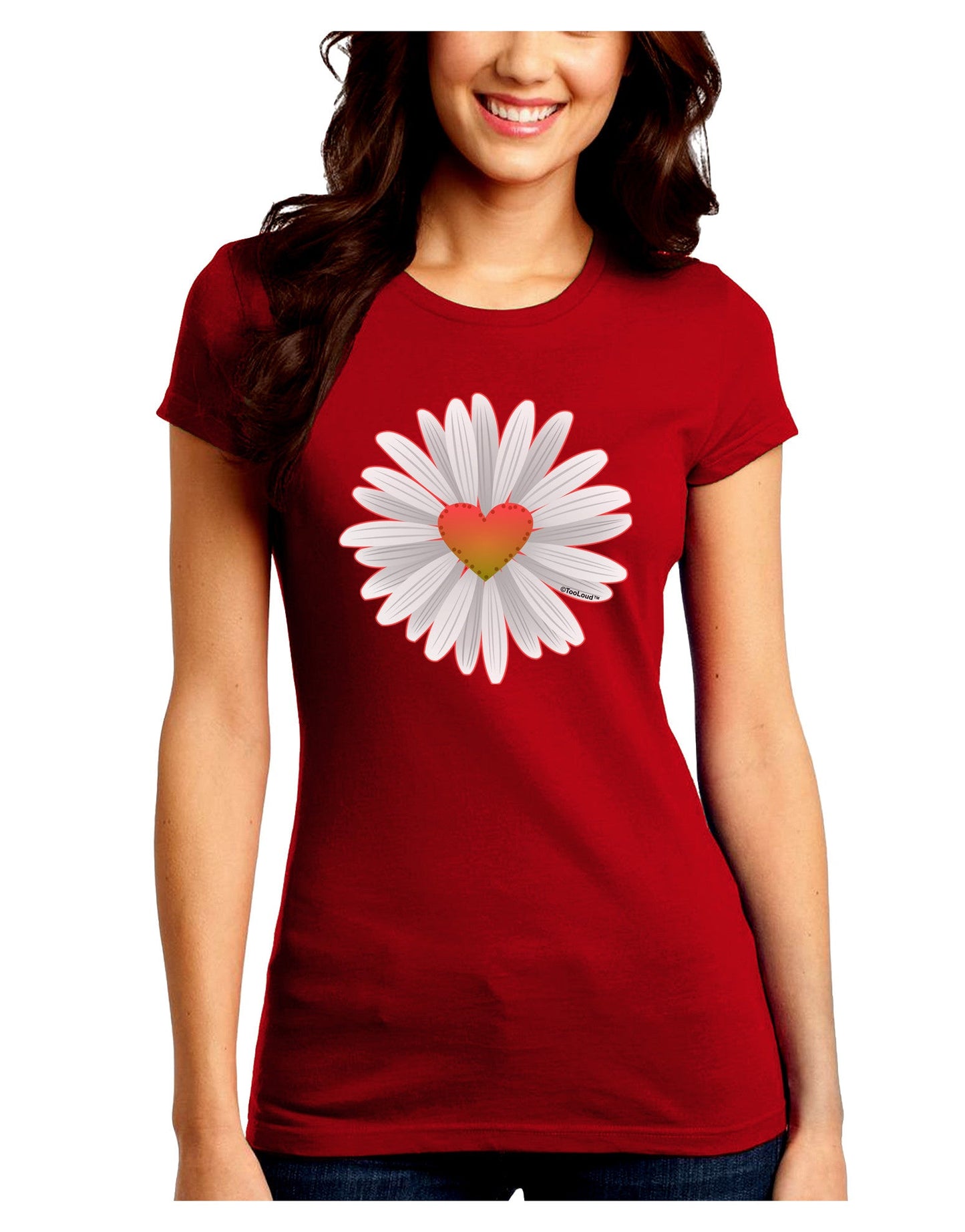 Pretty Daisy Heart Juniors Petite Crew Dark T-Shirt-Womens T-Shirt-TooLoud-Red-Juniors Fitted Small-Davson Sales