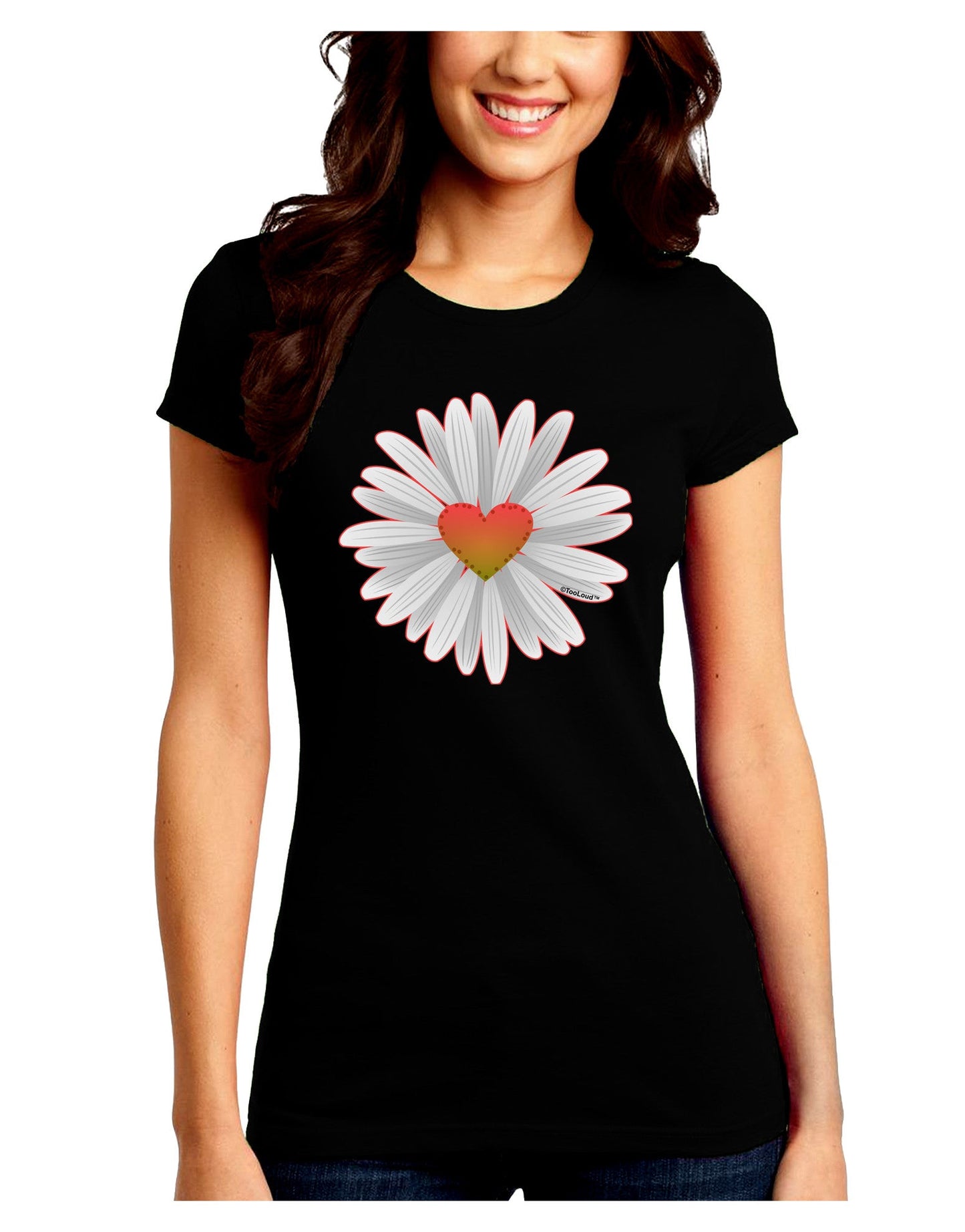 Pretty Daisy Heart Juniors Petite Crew Dark T-Shirt-Womens T-Shirt-TooLoud-Black-Juniors Fitted Small-Davson Sales