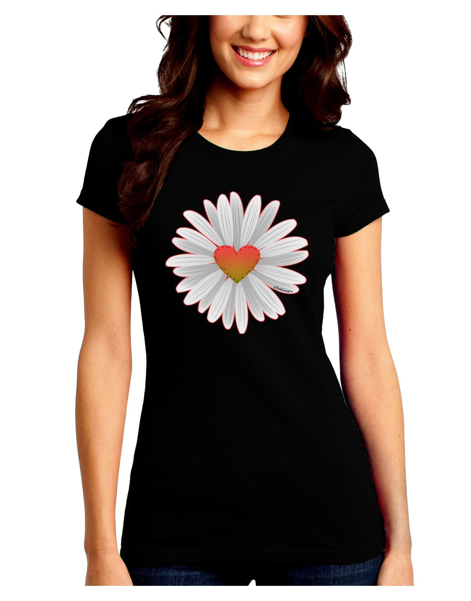 Pretty Daisy Heart Juniors Petite Crew Dark T-Shirt-Womens T-Shirt-TooLoud-Black-Juniors Fitted Small-Davson Sales