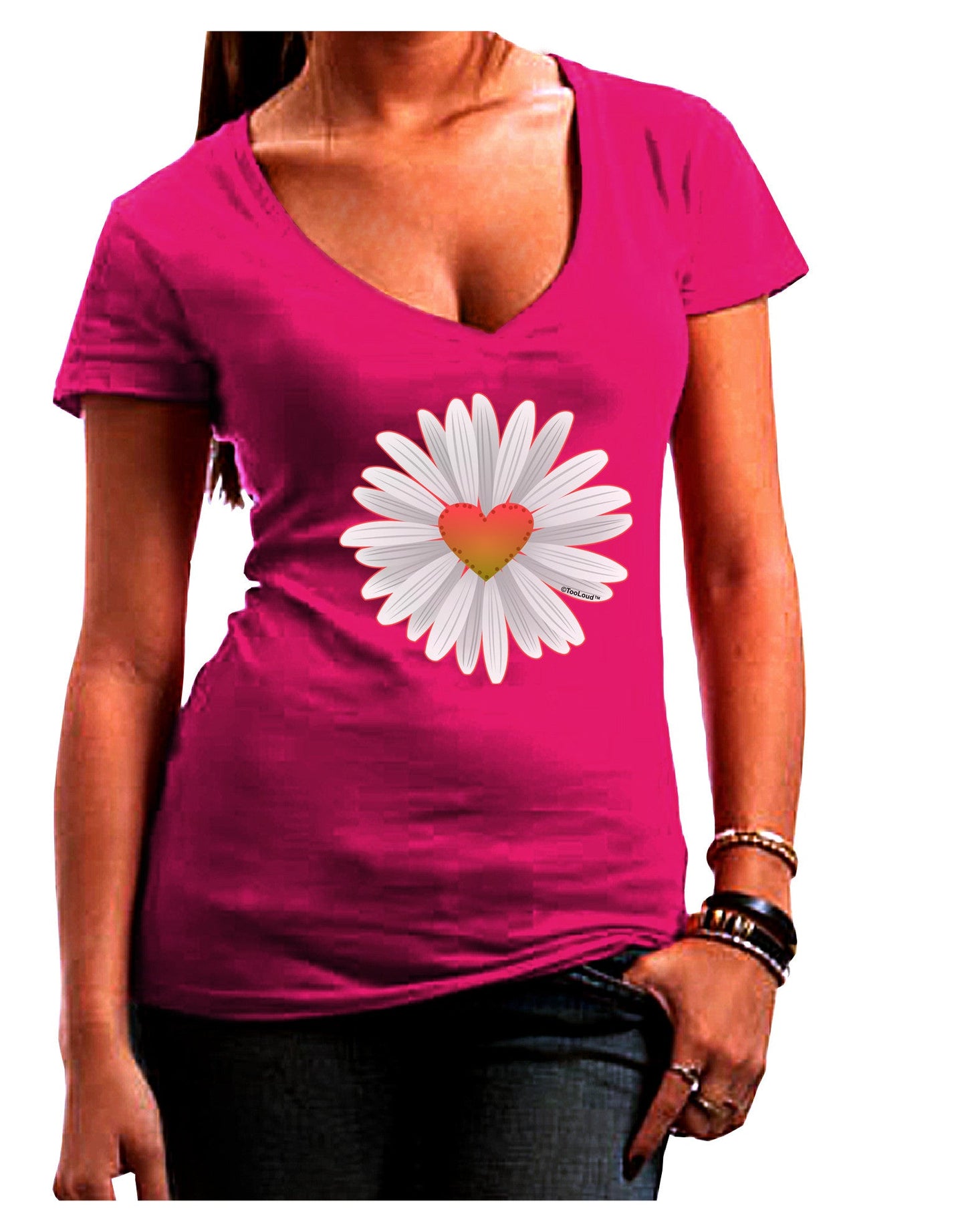Pretty Daisy Heart Womens V-Neck Dark T-Shirt-Womens V-Neck T-Shirts-TooLoud-Hot-Pink-Juniors Fitted Small-Davson Sales
