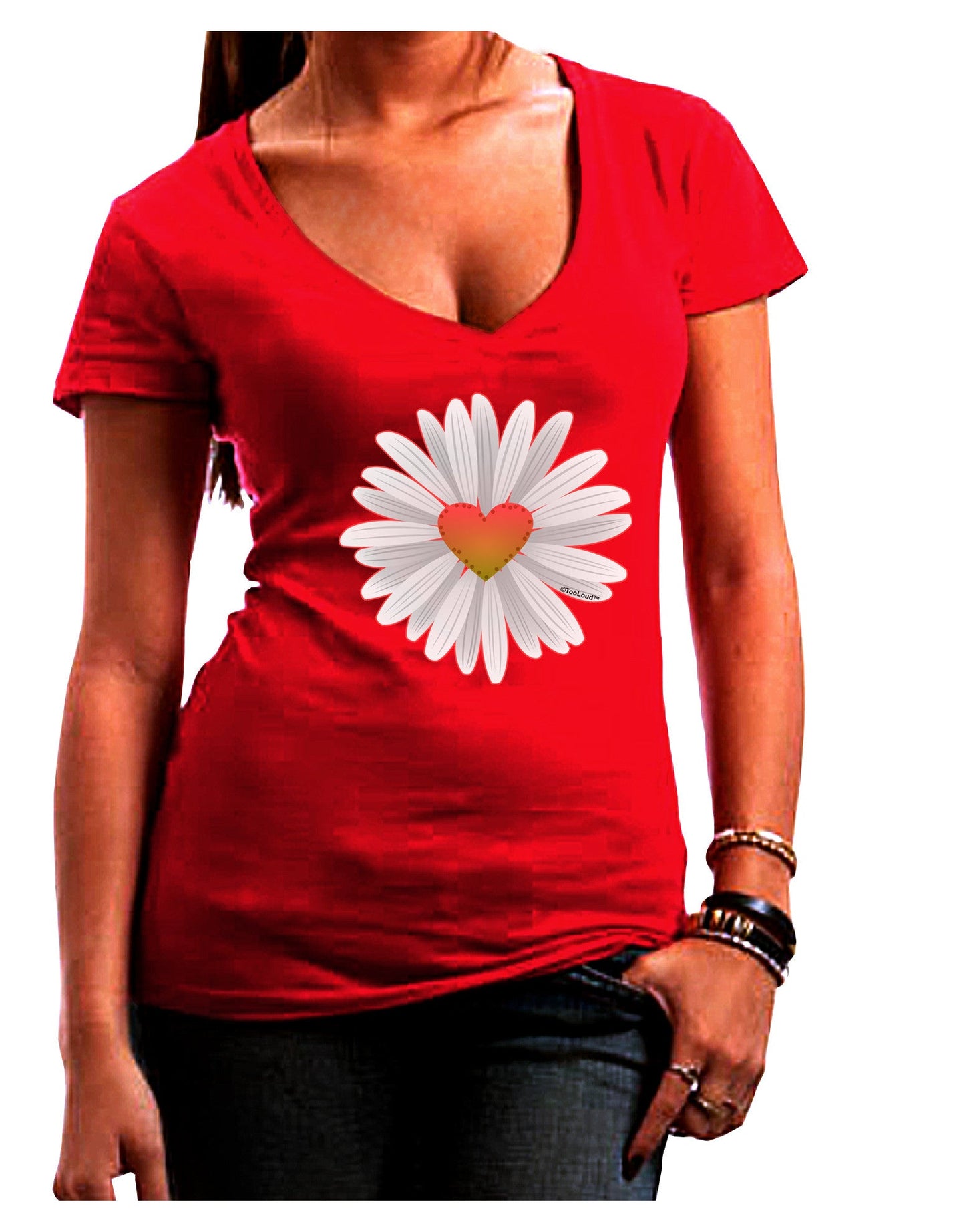 Pretty Daisy Heart Womens V-Neck Dark T-Shirt-Womens V-Neck T-Shirts-TooLoud-Red-Juniors Fitted Small-Davson Sales