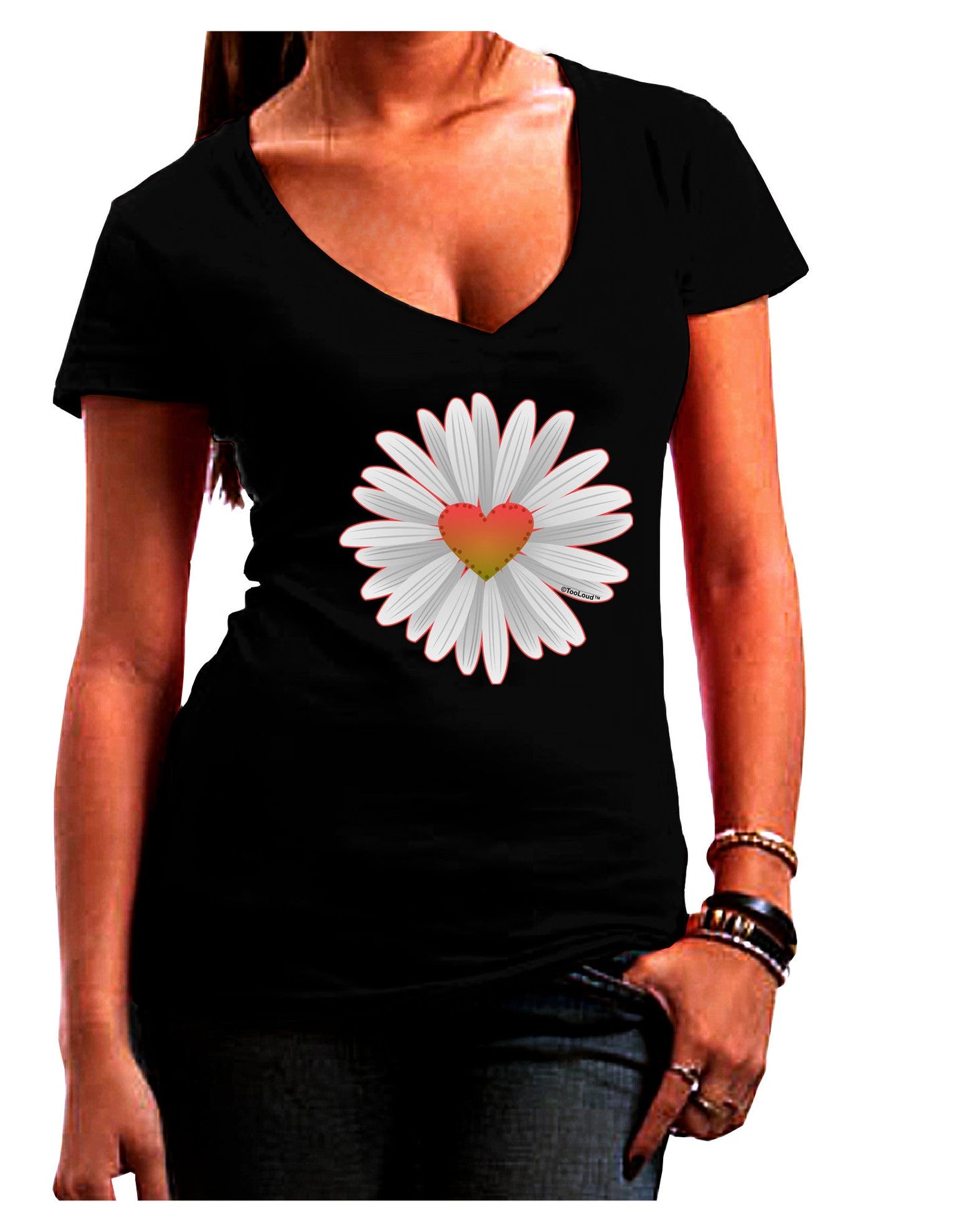 Pretty Daisy Heart Womens V-Neck Dark T-Shirt-Womens V-Neck T-Shirts-TooLoud-Black-Juniors Fitted Small-Davson Sales