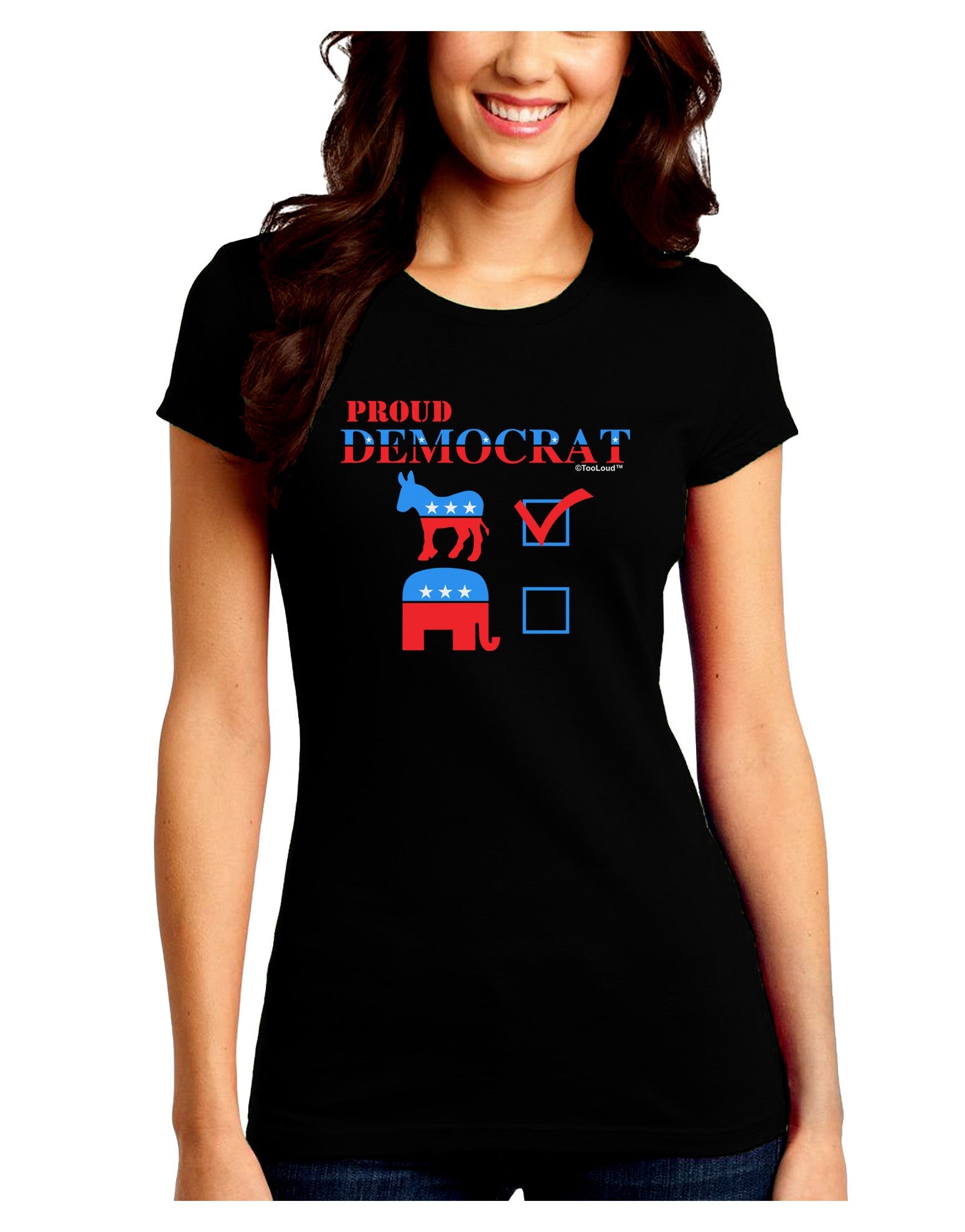 Proud Democrat Checkmark Juniors Petite Crew Dark T-Shirt-T-Shirts Juniors Tops-TooLoud-Black-Juniors Fitted Small-Davson Sales