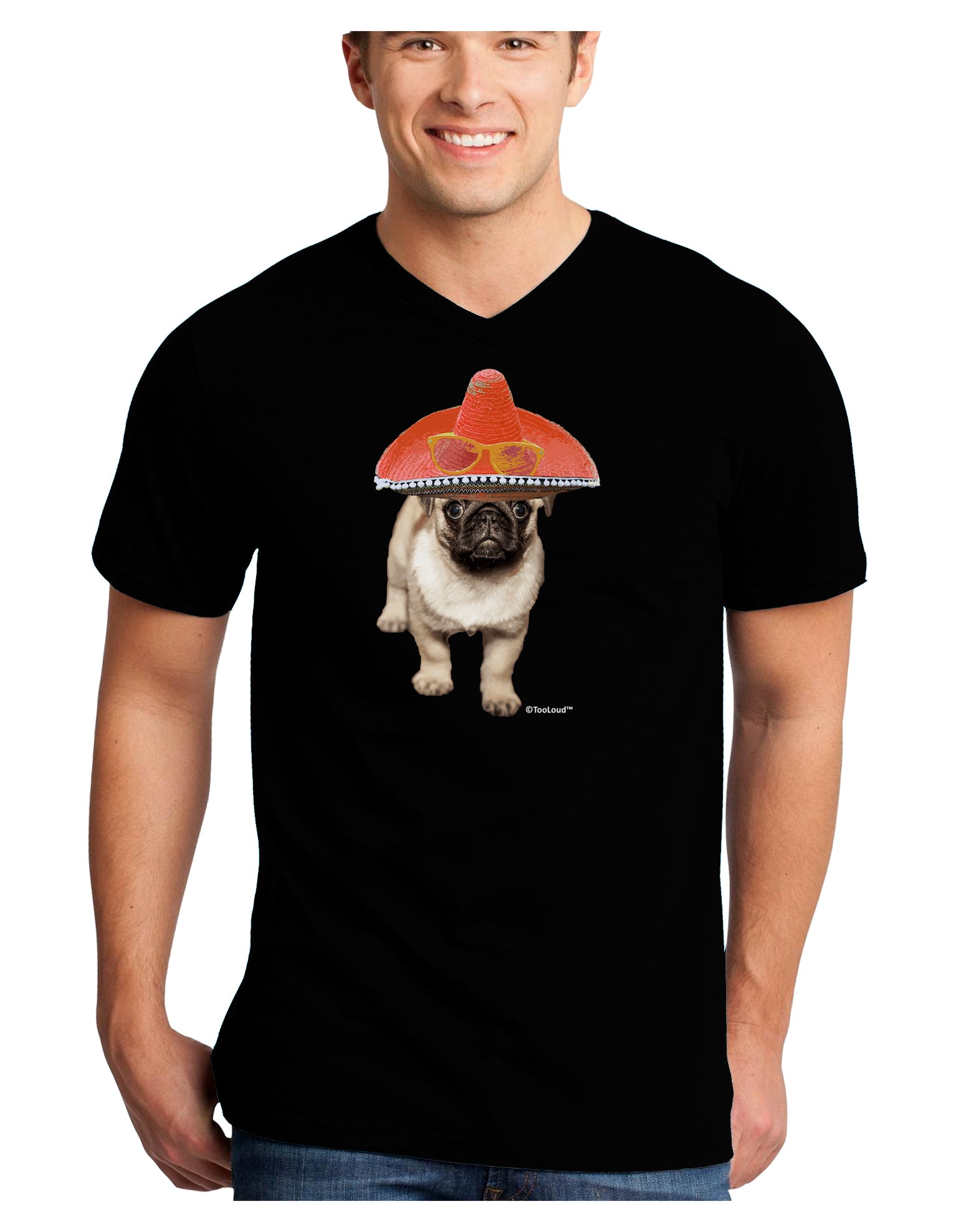 Pug Dog with Pink Sombrero Adult Dark V-Neck T-Shirt by TooLoud-Mens V-Neck T-Shirt-TooLoud-Black-Small-Davson Sales