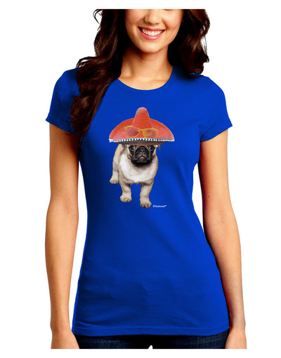 Pug Dog with Pink Sombrero Juniors Crew Dark T-Shirt by TooLoud-T-Shirts Juniors Tops-TooLoud-Royal-Blue-Juniors Fitted Small-Davson Sales