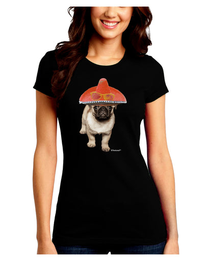 Pug Dog with Pink Sombrero Juniors Crew Dark T-Shirt by TooLoud-T-Shirts Juniors Tops-TooLoud-Black-Juniors Fitted Small-Davson Sales