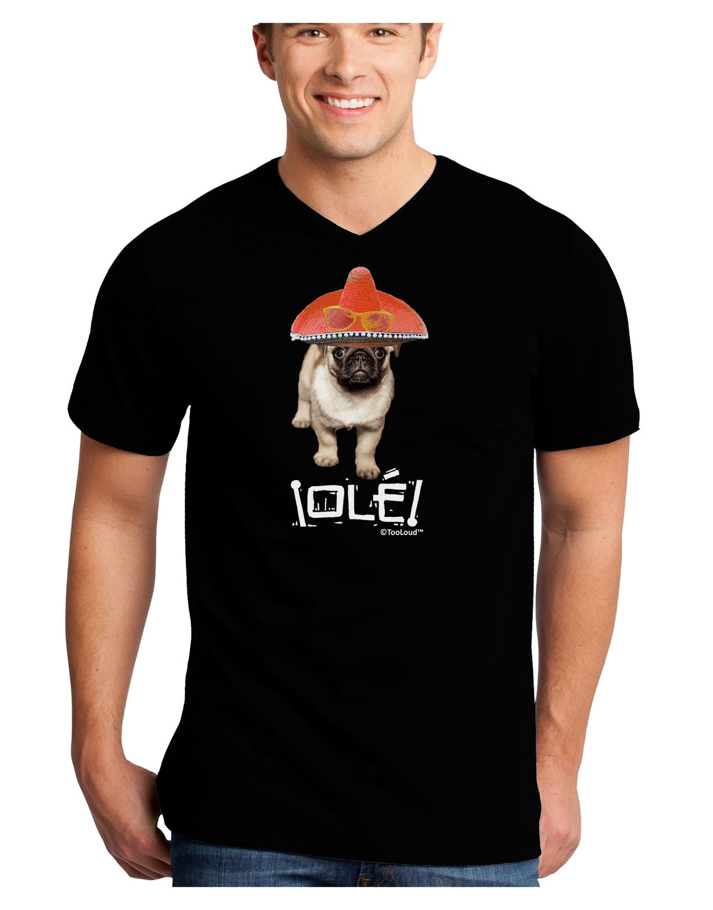 Pug Dog with Pink Sombrero - Ole Adult Dark V-Neck T-Shirt by TooLoud-Mens V-Neck T-Shirt-TooLoud-Black-Small-Davson Sales