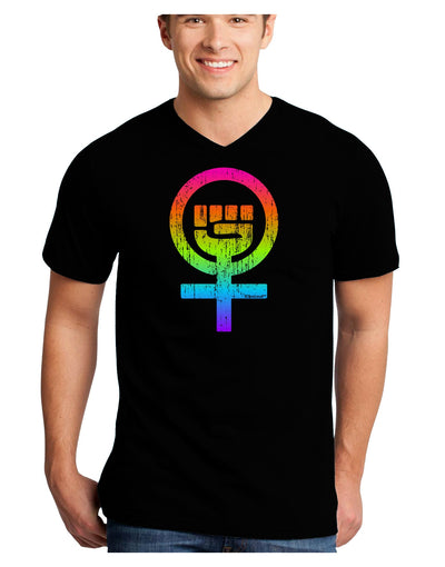 Rainbow Distressed Feminism Symbol Adult Dark V-Neck T-Shirt-TooLoud-Black-Small-Davson Sales