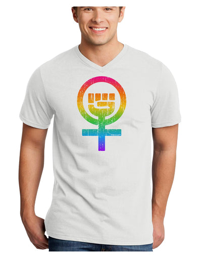 Rainbow Distressed Feminism Symbol Adult V-Neck T-shirt-Mens V-Neck T-Shirt-TooLoud-White-Small-Davson Sales