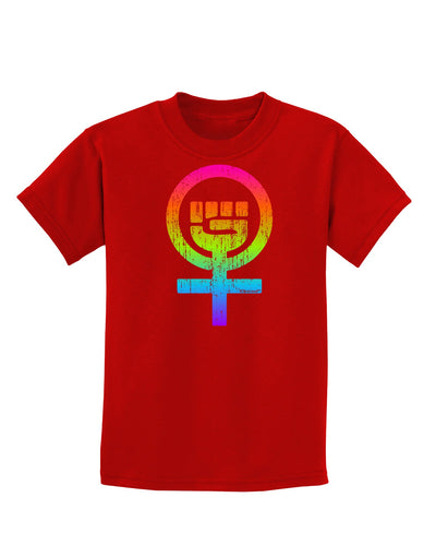 Rainbow Distressed Feminism Symbol Childrens Dark T-Shirt-Childrens T-Shirt-TooLoud-Red-X-Small-Davson Sales
