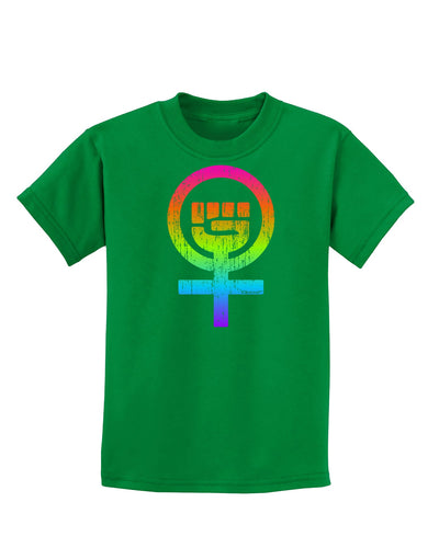 Rainbow Distressed Feminism Symbol Childrens Dark T-Shirt-Childrens T-Shirt-TooLoud-Kelly-Green-X-Small-Davson Sales