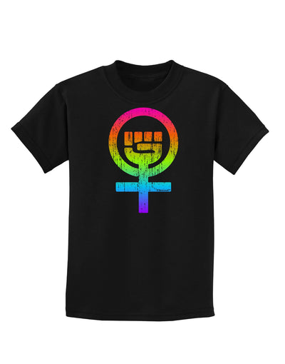 Rainbow Distressed Feminism Symbol Childrens Dark T-Shirt-Childrens T-Shirt-TooLoud-Black-X-Small-Davson Sales