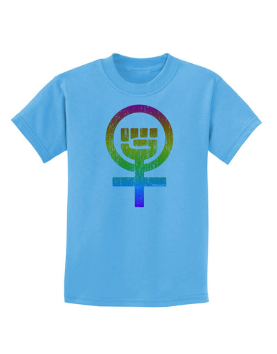 Rainbow Distressed Feminism Symbol Childrens T-Shirt-Childrens T-Shirt-TooLoud-Aquatic-Blue-X-Small-Davson Sales