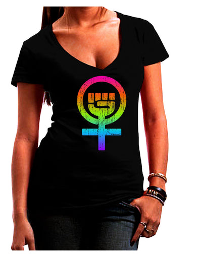 Rainbow Distressed Feminism Symbol Juniors V-Neck Dark T-Shirt-Womens V-Neck T-Shirts-TooLoud-Black-Juniors Fitted Small-Davson Sales
