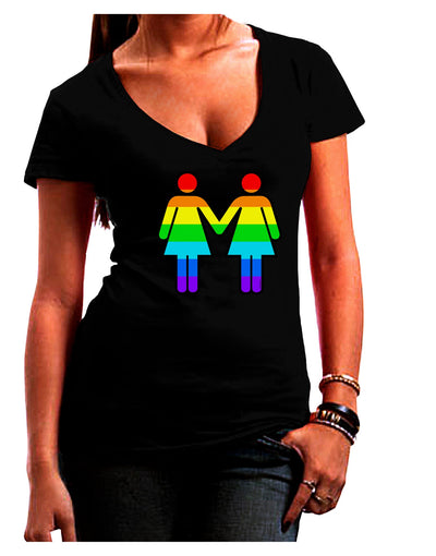 Rainbow Lesbian Women Holding Hands Juniors V-Neck Dark T-Shirt-Womens V-Neck T-Shirts-TooLoud-Black-Small-Davson Sales