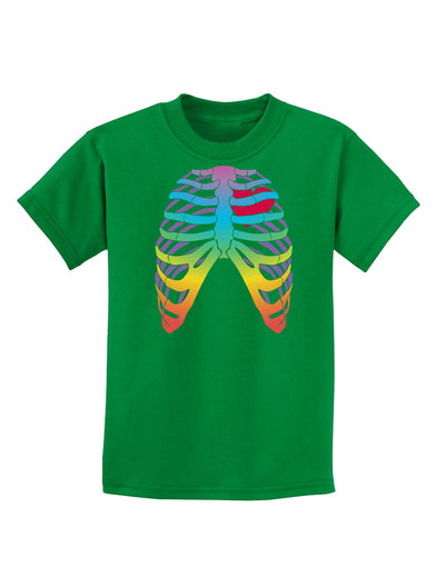 Rainbow Skeleton Ribcage with Heart Childrens Dark T-Shirt-Childrens T-Shirt-TooLoud-Kelly-Green-X-Small-Davson Sales