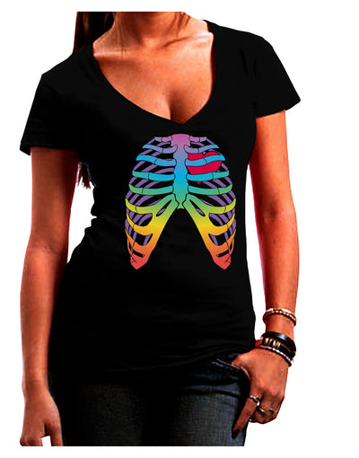 Rainbow Skeleton Ribcage with Heart Juniors V-Neck Dark T-Shirt-Womens V-Neck T-Shirts-TooLoud-Black-Small-Davson Sales