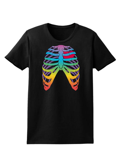 Rainbow Skeleton Ribcage with Heart Womens Dark T-Shirt-TooLoud-Black-X-Small-Davson Sales