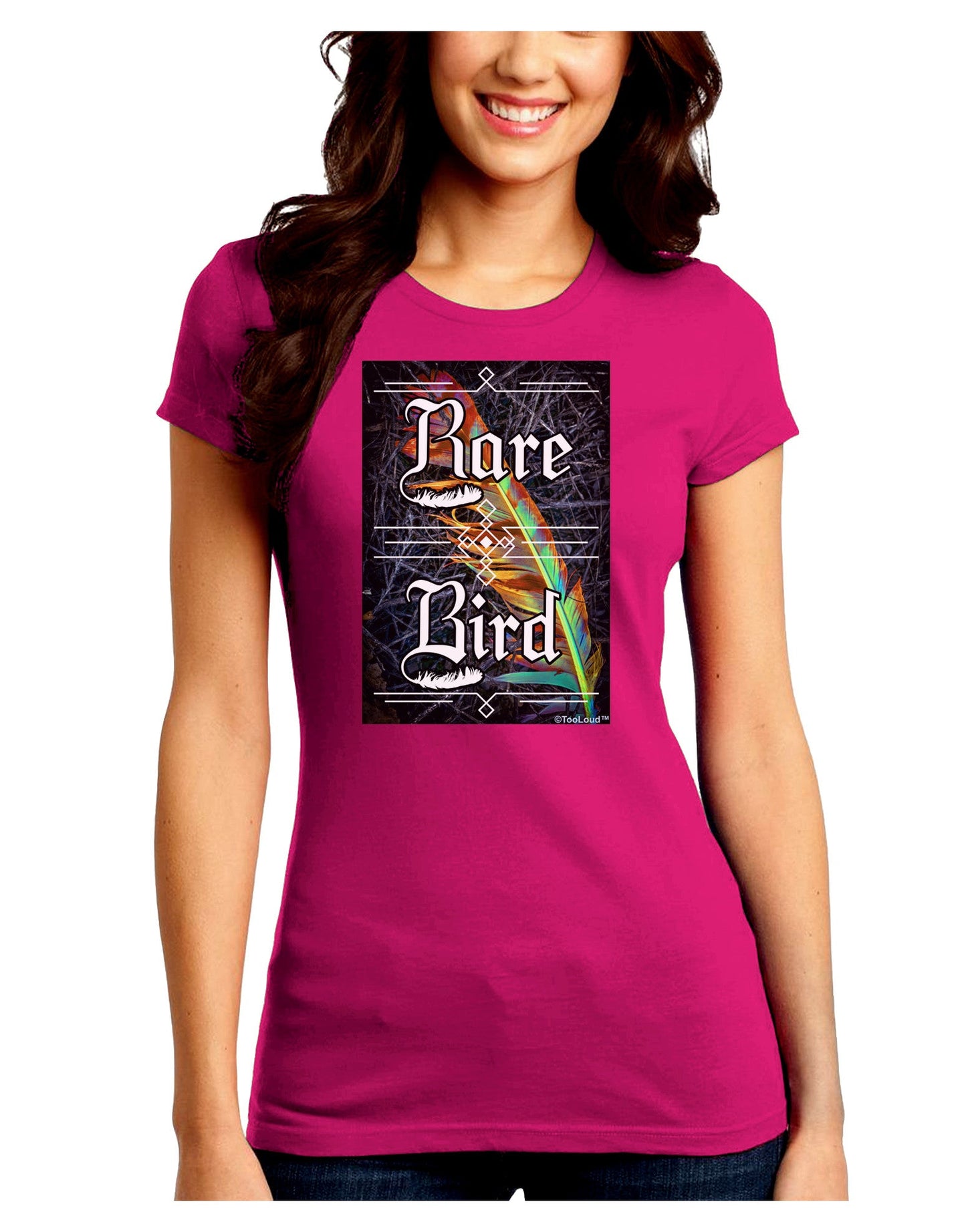 Rare Bird - Colorful Feather Juniors Petite Crew Dark T-Shirt-T-Shirts Juniors Tops-TooLoud-Hot-Pink-Juniors Fitted Small-Davson Sales