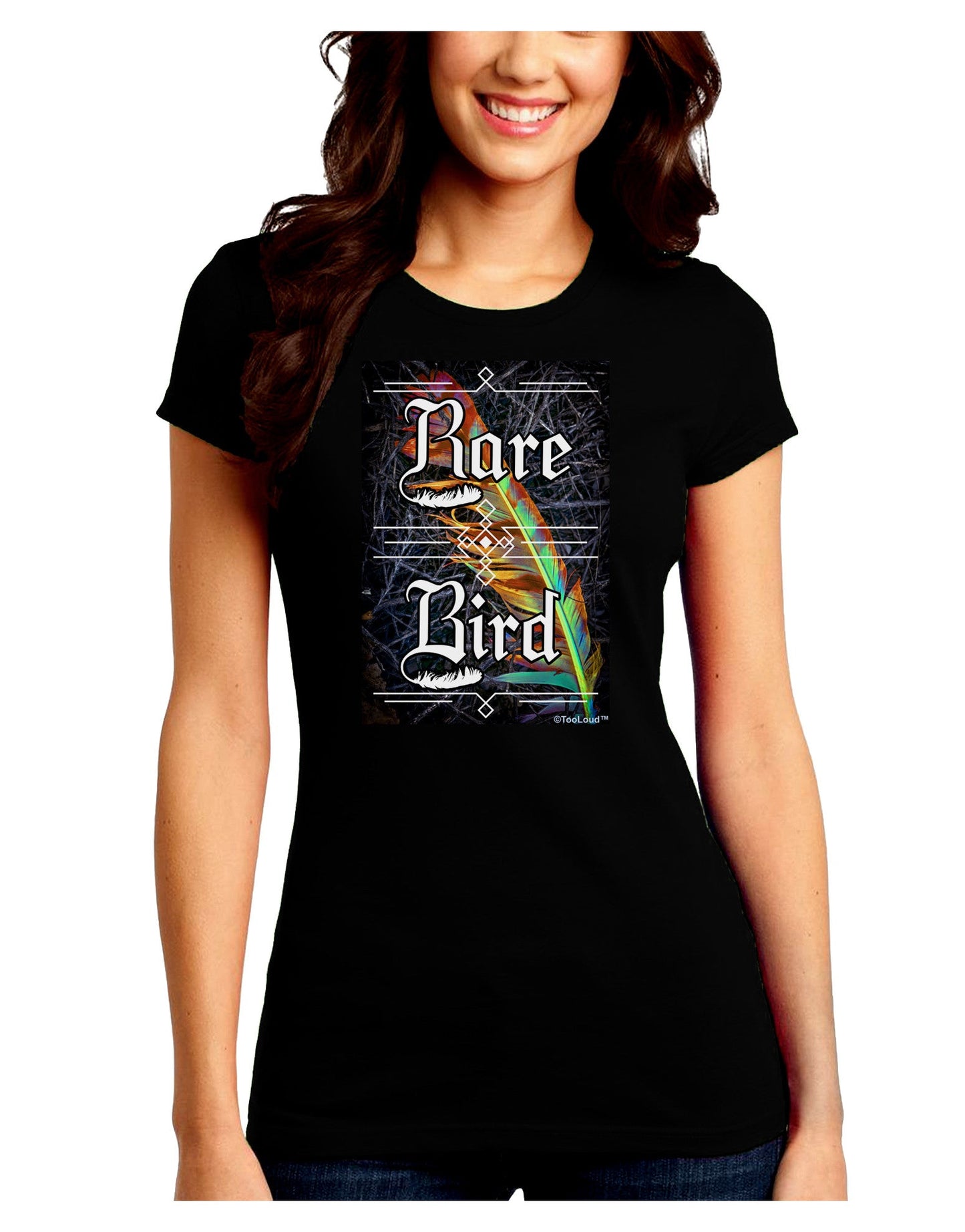 Rare Bird - Colorful Feather Juniors Petite Crew Dark T-Shirt-T-Shirts Juniors Tops-TooLoud-Black-Juniors Fitted Small-Davson Sales