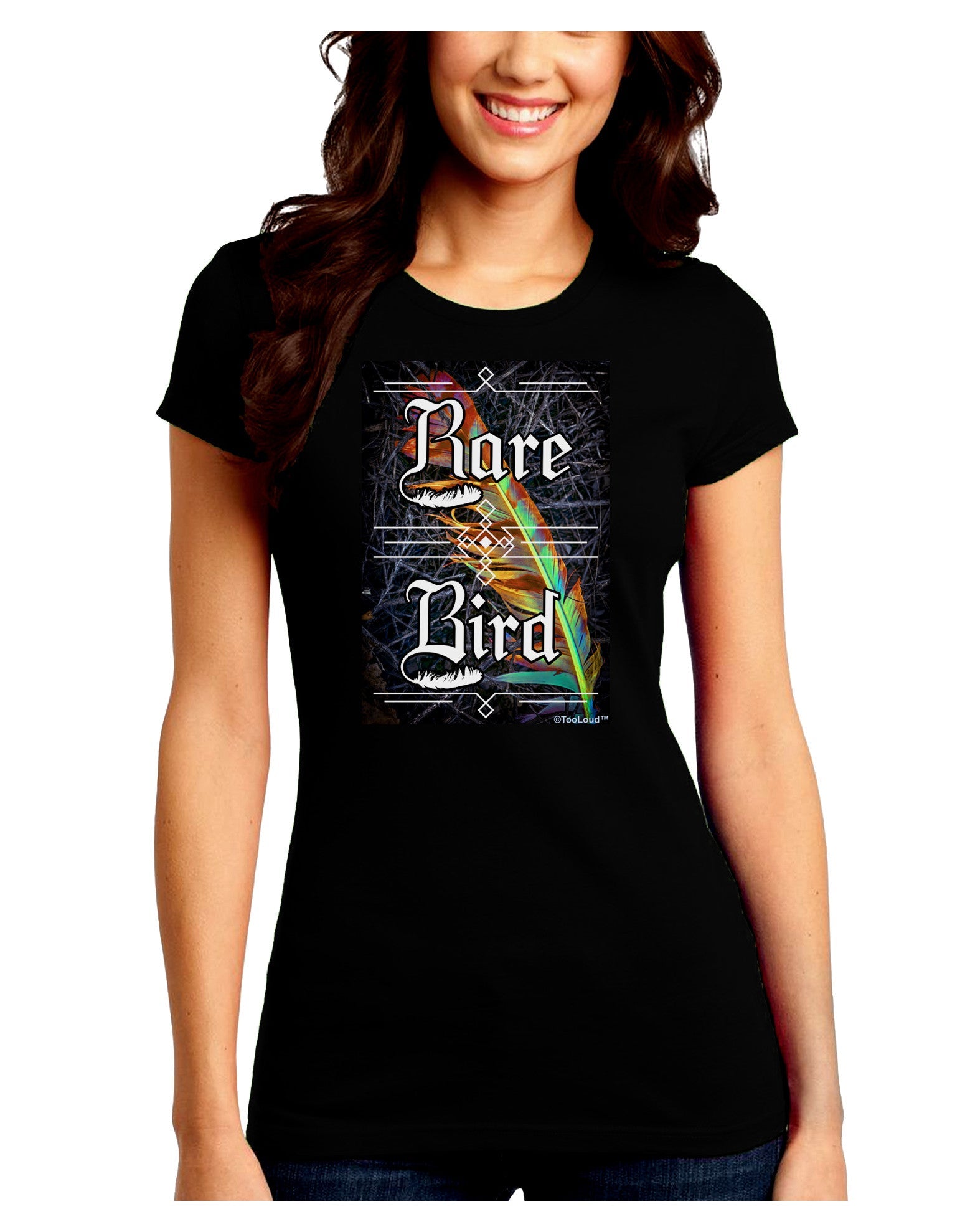 Rare Bird - Colorful Feather Juniors Petite Crew Dark T-Shirt-T-Shirts Juniors Tops-TooLoud-Black-Juniors Fitted Small-Davson Sales