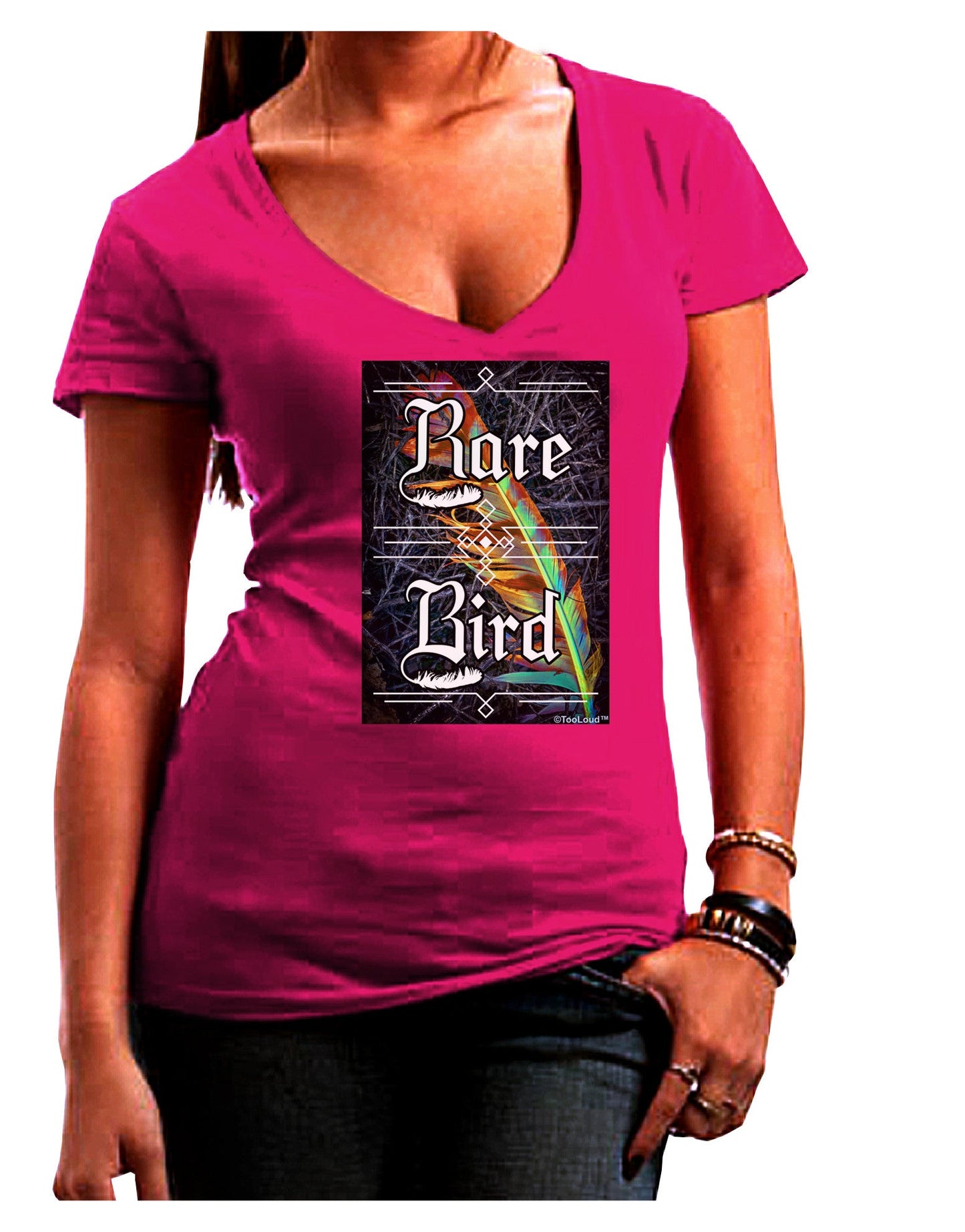 Rare Bird - Colorful Feather Womens V-Neck Dark T-Shirt-Womens V-Neck T-Shirts-TooLoud-Hot-Pink-Juniors Fitted Small-Davson Sales
