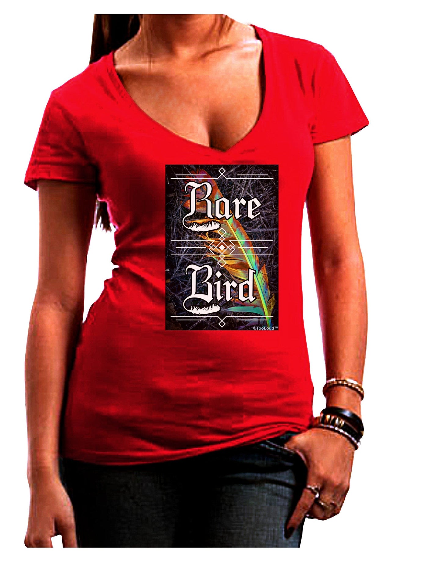 Rare Bird - Colorful Feather Womens V-Neck Dark T-Shirt-Womens V-Neck T-Shirts-TooLoud-Red-Juniors Fitted Small-Davson Sales