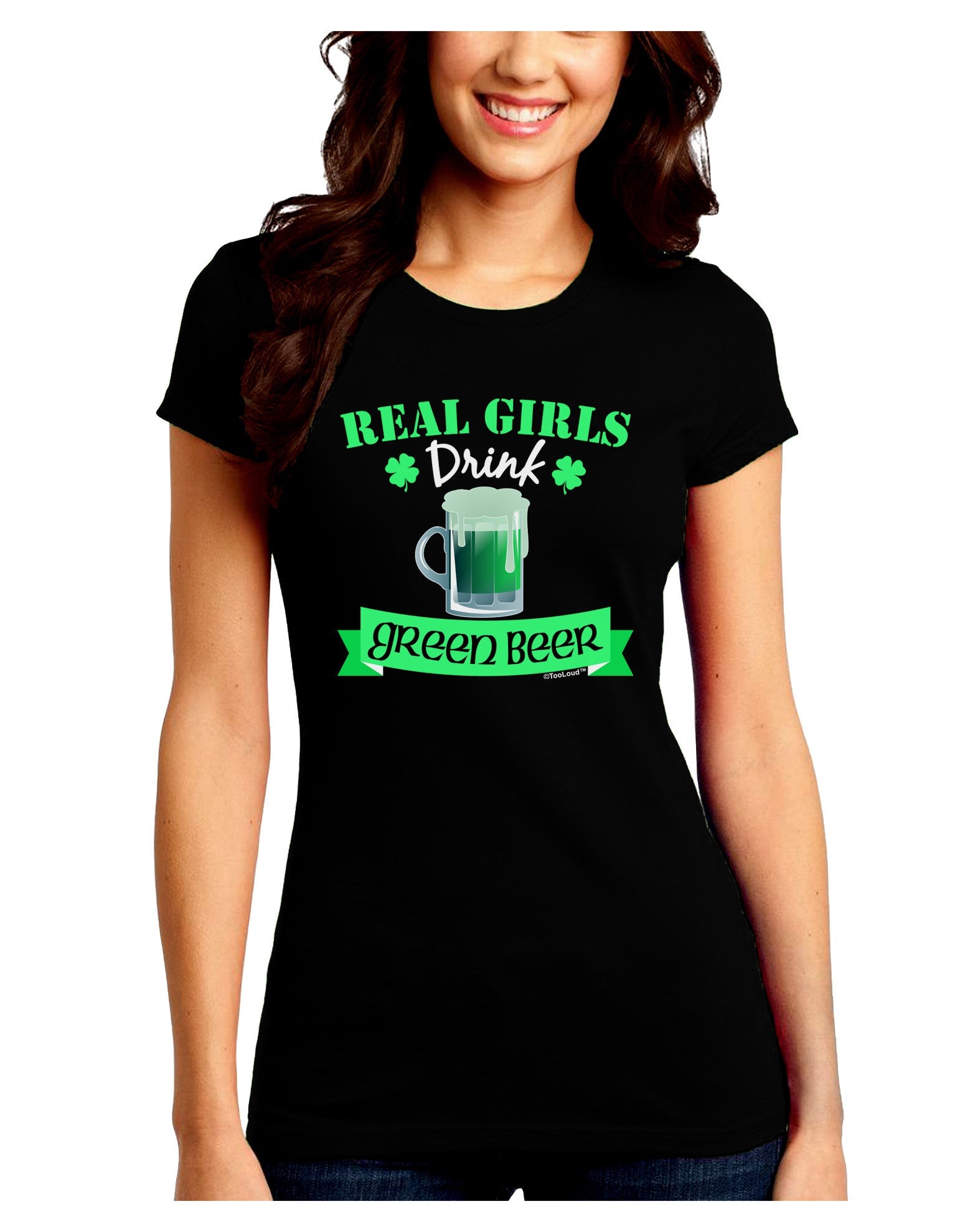 Real Girls Drink Green Beer Juniors Petite Crew Dark T-Shirt-T-Shirts Juniors Tops-TooLoud-Black-Juniors Fitted Small-Davson Sales