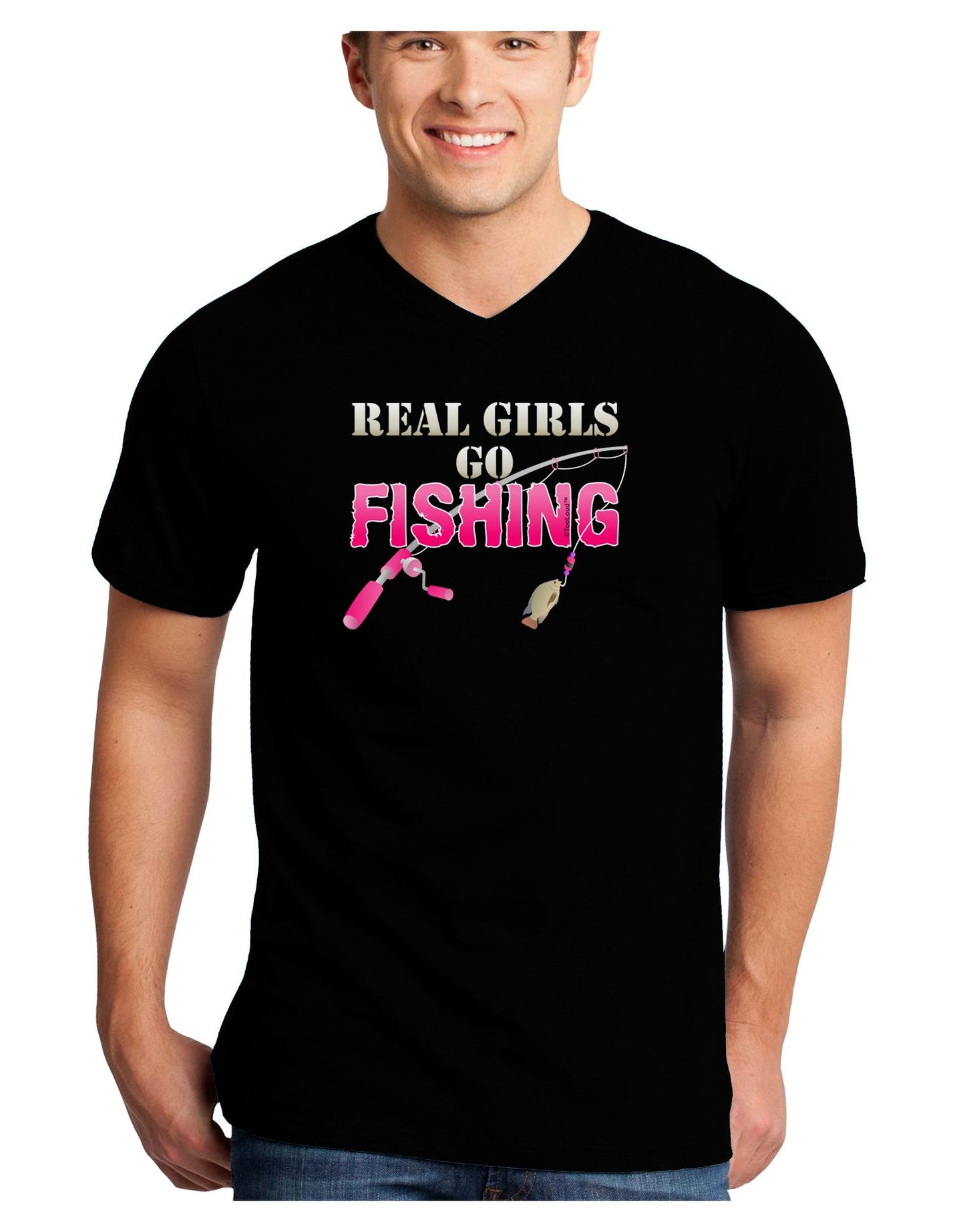 Real Girls Go Fishing Adult Dark V-Neck T-Shirt-Mens V-Neck T-Shirt-TooLoud-Black-Small-Davson Sales