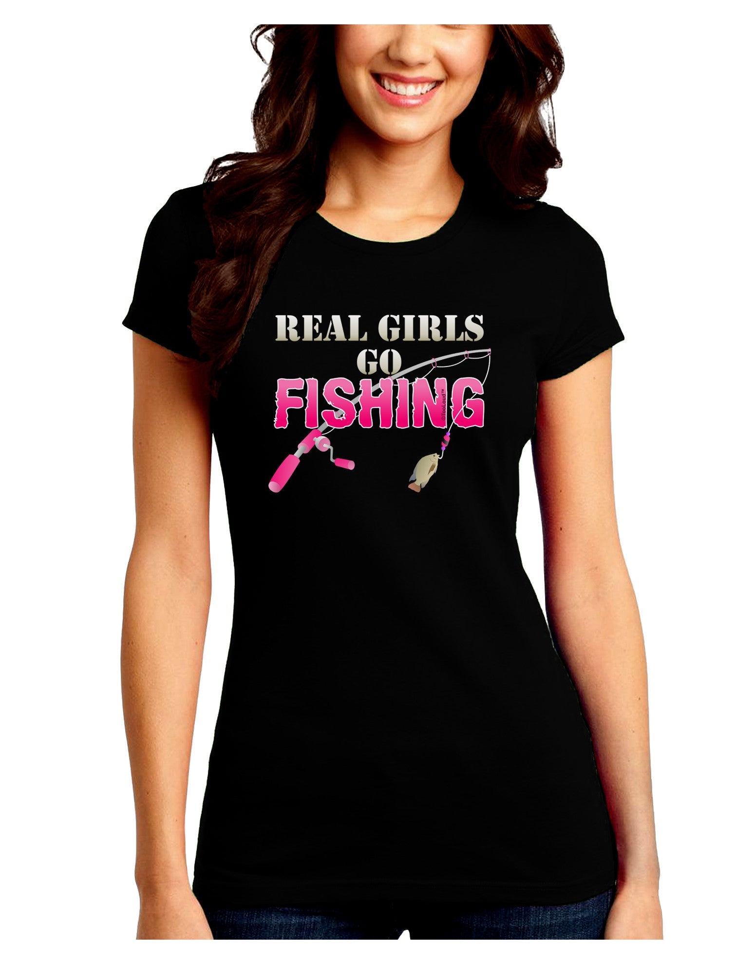 Real Girls Go Fishing Juniors Petite Crew Dark T-Shirt-T-Shirts Juniors Tops-TooLoud-Black-Juniors Fitted Small-Davson Sales