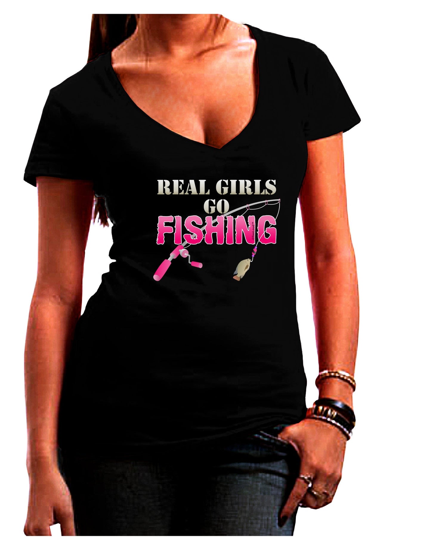 Real Girls Go Fishing Womens V-Neck Dark T-Shirt-Womens V-Neck T-Shirts-TooLoud-Black-Juniors Fitted Small-Davson Sales